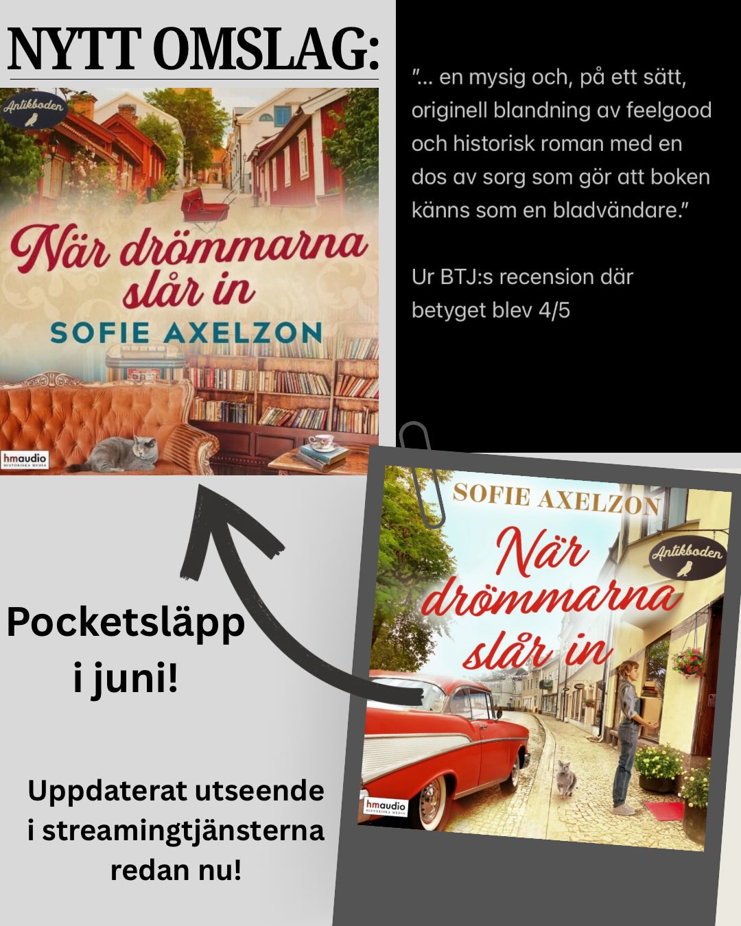 Nytt omslag till pocketutgåvan i juni!
Och redan nu i streamingtjänsterna!
Snyggt, eller hur! Och nu passar det ju jättebra ihop med del två ”Brev från det förflutna” som kommer i slutet av augusti. (Se bild 3).
Handlingen i del 1:
Strängnäs 2024. Evy närmar sig fyrtio och den biologiska klockan tickar. Tyvärr är inte sambon Fredde intresserad av att börja om med ny familj och småbarn. Han vill kunna lägga sin tid på vackra gamla saker och möbler. När han får chansen att öppna en antikvitetsaffär tvekar han inte en sekund. Evy, som förutom sin barnlängtan drömmer om att försörja sig som författare, ser långsamt de egna framtidsplanerna smulas sönder av tunga byråer, gulnade böcker och sköra designkoppar. Men när hon hittar en undangömd dagbok i en sekretär väcks hennes nyfikenhet. Kanske kan den ge henne stoff till en ny roman?
Strängnäs 1955. Bibbi längtar efter äventyr och älskar den nya rock’n roll-musiken. Hennes dröm är att få resa till Amerika. När hon får välja en parfym till sin 17-årsdag hoppas hon att Chanel No 5 ska ge henne ett lika spännande liv som Marilyn Monroes. En efterlängtad danskväll på stadens regemente blir inte alls som hon hade tänkt sig. Snart befinner sig Bibbi i Amerika, men drömmen visar sig ha ett väldigt högt pris.
”När drömmarna slår in” är första delen i Sofie Axelzons serie om Antikboden Ugglan. Det är en fängslande berättelse om hur drömmar kan krossas och förverkligas – men kanske inte alltid på det sätt man trodde från början.
#historiskamedia #antikbodenugglan #brevfråndetförflutna #strängnäshistoria #närdrömmarnaslårin