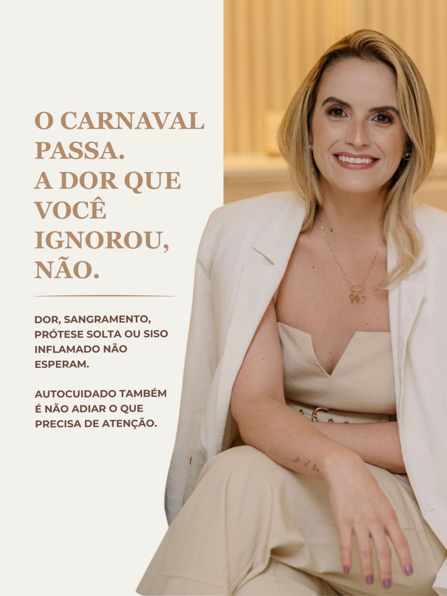 Depois do Carnaval, a rotina volta.
E os sinais que foram ignorados também.
Dor ao mastigar, sangramento na escovação, prótese solta, sensibilidade ou siso inflamado não desaparecem sozinhos.
Eles apenas ficam em pausa enquanto a vida acontece.
Cuidar da saúde bucal também faz parte de recomeçar o ano com equilíbrio. E quanto antes você avalia, mais simples costuma ser o tratamento.
👉 Se algo ficou pendente antes da folia, este é o momento de resolver.
Agende sua avaliação pelo link da bio.
📍Atendimento em Belo Horizonte
#tratamentoodontologico #dordedente #saudebucal #dentistabh #dentistacirurgiabh