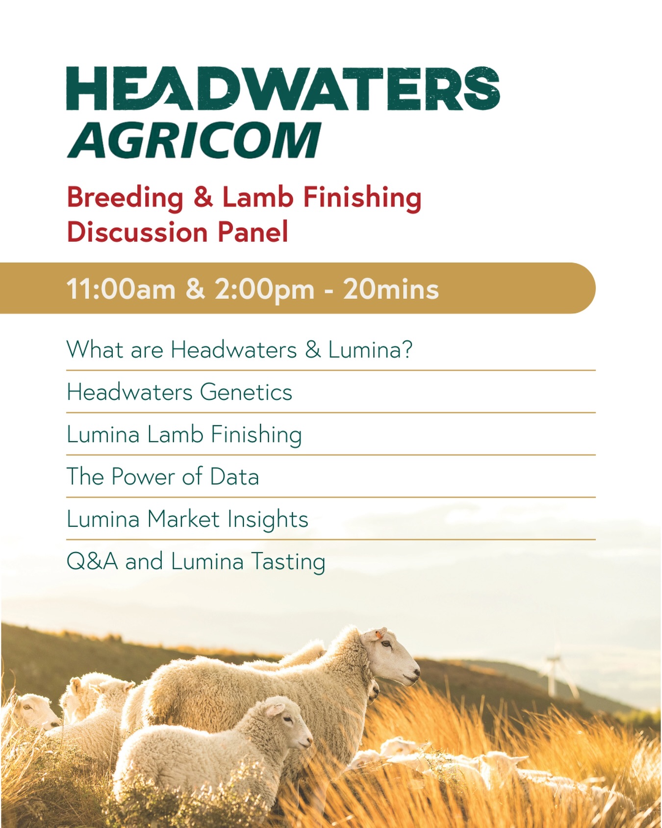 Catch our ‘Breeding & Lamb Finishing Discussion Panel’ at Southern Field Days 🎤
Running everyday at 11am & 2pm at our site 189. We will be digging into Headwaters genetics, lamb finishing systems, data insights and Lumina market feedback!
Come along and ask questions, we will have Lumina tasters too! You won’t want to miss this 🙌🏼