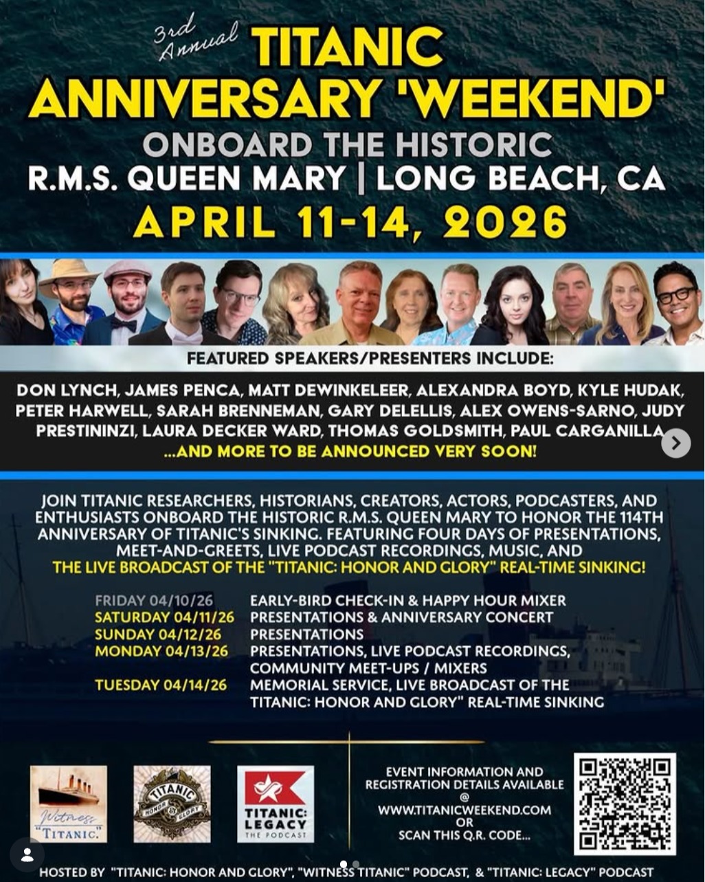 For the second year in a row, our director/producer/writer of Ship of Dreams: Titanic Movie Diaries Alexandra Boyd (aka @fstclsswmn ) will be on the @queen_mary_long_beach for another spectacular Titanic Weekend. She will be joining the distinguished group of historians, authors, podcasters, explorers and actors who all have something to say about Titanic.
Get your tickets now for a jam-packed weekend of celebration and remembrance for the ship of dreams and all who sailed in her.
#titanic #titanicactress #titanicfan #shipofdreams #jamescameron #katewinslet #leonardodicaprio @titanicbelfast @titanic_legacy @titanicmovie