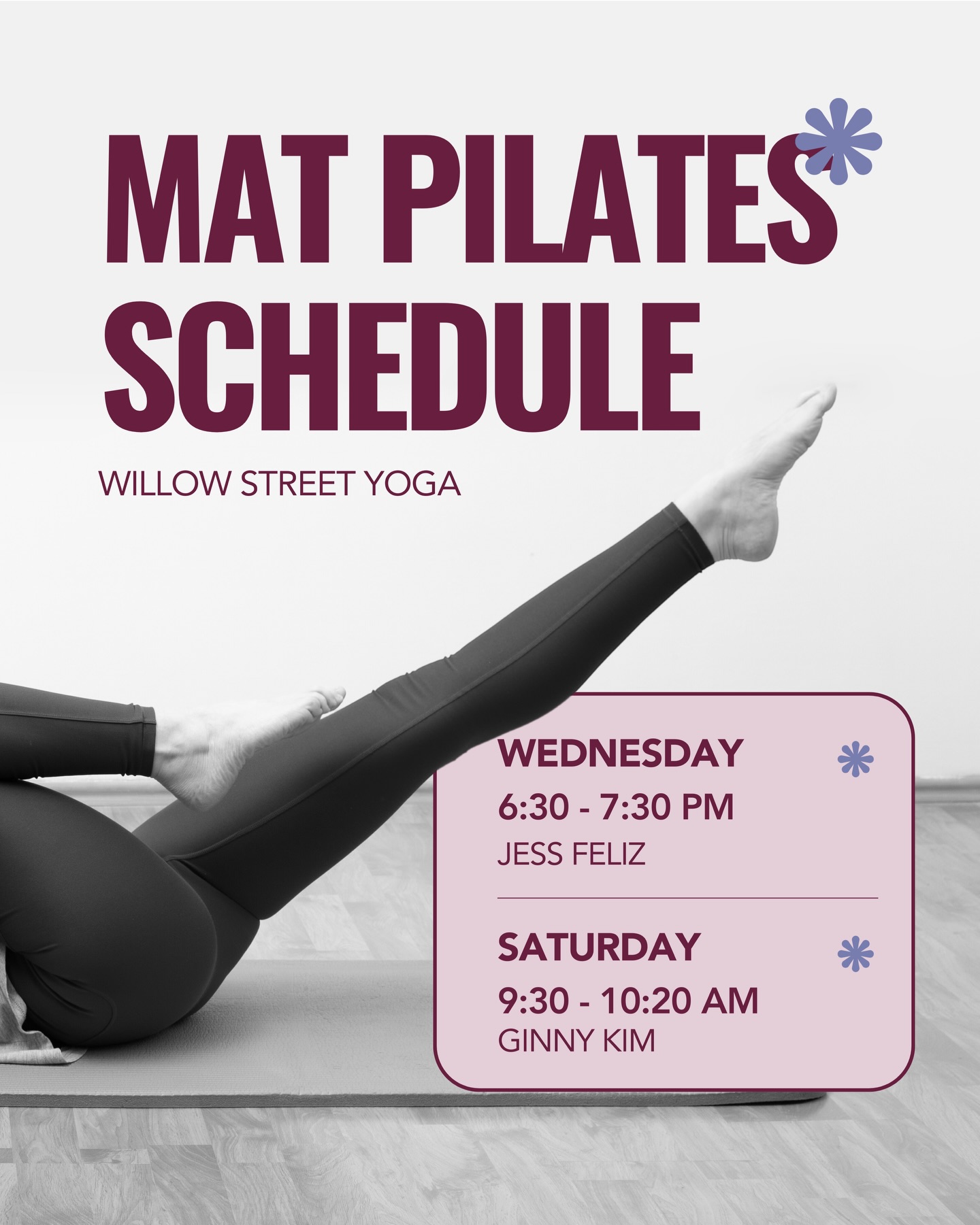 Join us for weekly Mat Pilates here at Willow Street Yoga!
We offer mat pilates on Wednesdays and Saturdays (starting 2/21).
✨Try pilates out with FREE community classes on Sat 2/21 and 2/28!
This is the perfect addition to your movement routine if you’re looking for mindful strength-building, low-impact exercise. 💪