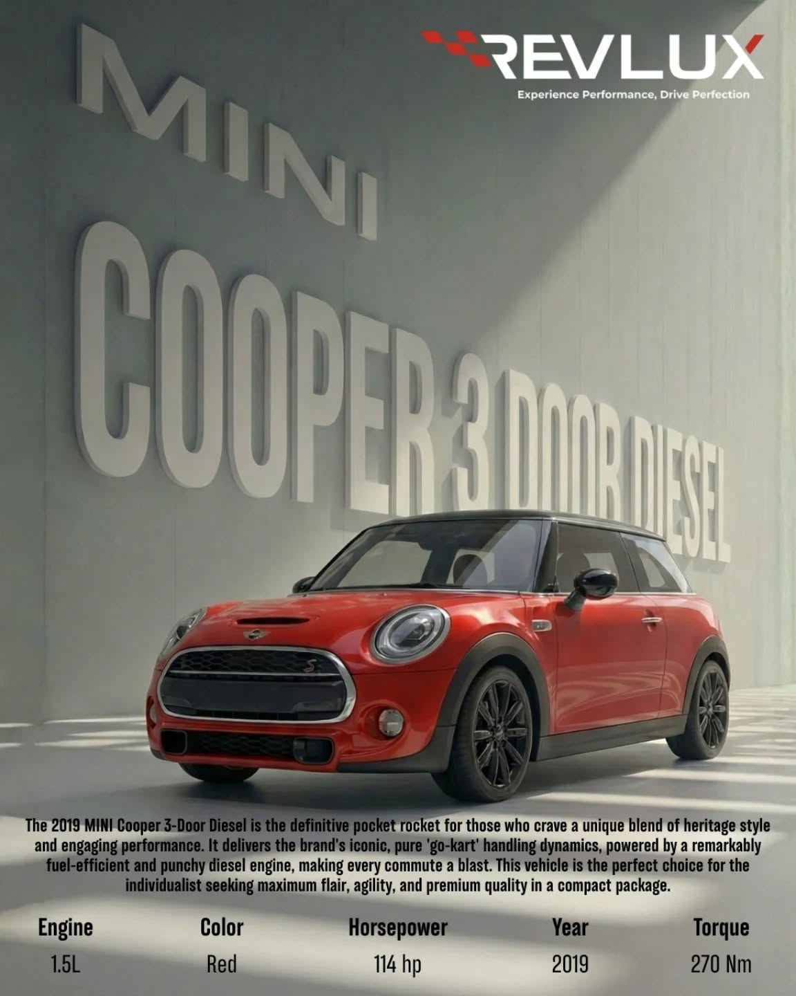 Designed for @_revlux_
Objective: To showcase the 2019 MINI Cooper 3-Door Diesel as the ultimate "pocket rocket" for individualists who value heritage style and punchy performance.
Branding & strategy idea by The Brand Mill
#TheBrandMill #SocialMediaAgency #MarketingStrategy #DigitalMarketingIndia #PuneAgency