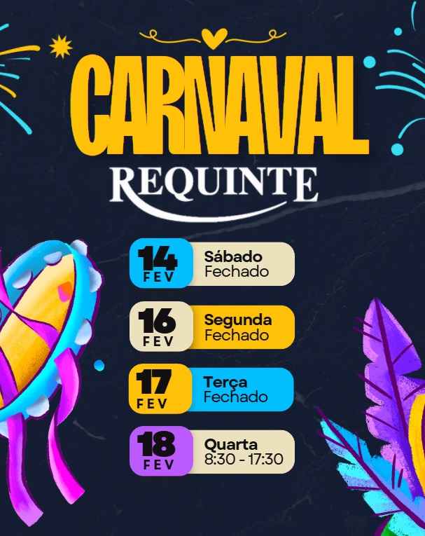 🎭✨ Aviso de Carnaval na Requinte! ✨🎭
Entraremos no ritmo do Carnaval e nossa loja ficará fechada de sábado até terça-feira.
Na quarta-feira, voltamos com o atendimento em horário normal, prontos para receber você! 🔑💛
Aproveite o feriado com responsabilidade e, precisando, já sabe: na Requinte tem!
#Carnaval #AvisoImportante #RequinteFechaduras #VoltamosNaQuarta