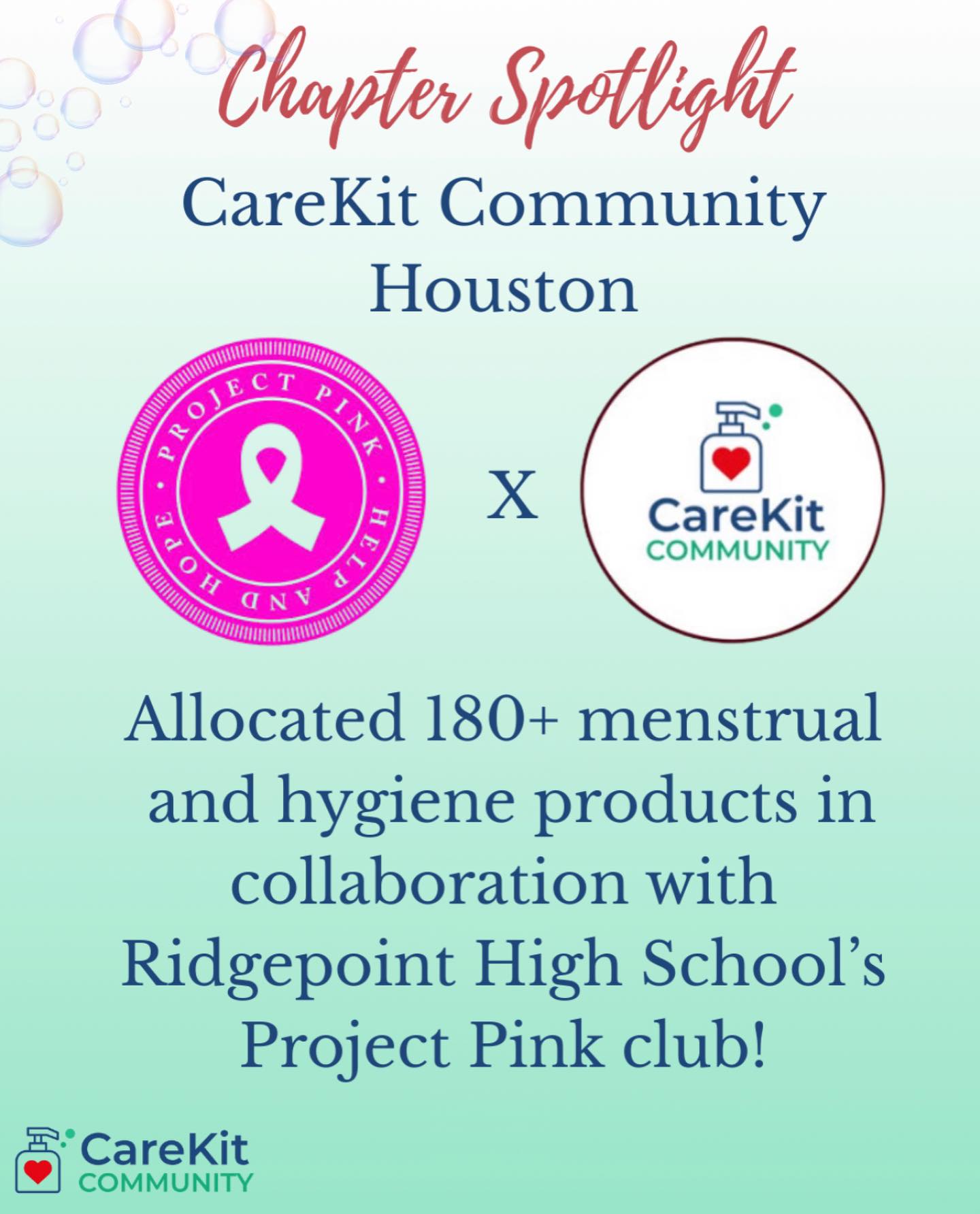 CareKit Community Houston raised over 180 products with Ridgepoint High School’s Project Pink club! Thank you to all the dedicated donors and students! #hygiene #youth #projectpink #carekitcommunity