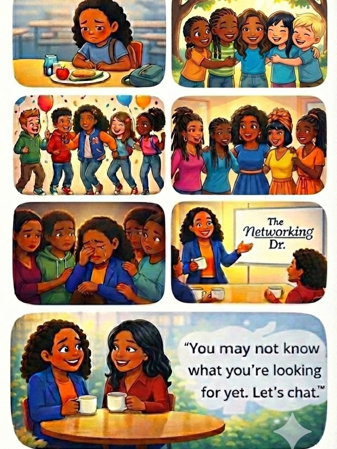 In school, I was bullied. I called what I was searching for popularity. What I really needed was to belong, to be understood, to find my people. That isolation ran deep. But I found my community early—in college, through Alpha Kappa Alpha, through Junior League, through the workplaces and affinity groups that became my chosen family over the years. I had infrastructure. I had people who cared.
What shifted, though, came later. When my mom passed, I saw what a real village looks like in your lowest moments. That’s when I understood what I’d actually been building all along. Community isn’t just about professional networks or having people in your corner. It’s about the scaffolding that holds you up when everything else falls away.
That’s why I built The Networking Dr. If this resonates with you—if you’re searching for something you can’t quite name, or if you know exactly what you need—let’s grab a coffee and chat. You might be surprised what we build together.