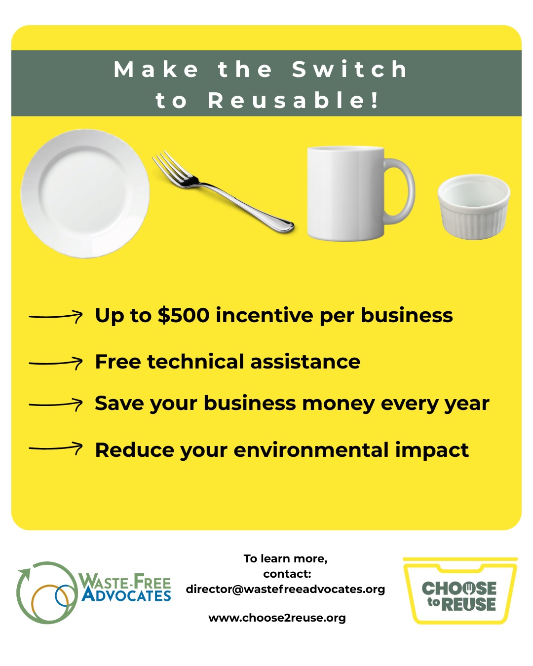 Save money. Reduce Waste. Try reusables at no cost!
Help spread the word! Waste-Free Advocates and Metro’s Choose to Reuse campaign have joined forces to help local food establishments reduce waste and save money by switching from single-use disposables to reusables—at no cost to them!
If a business currently uses disposable cups, containers, or serviceware for dine-in service, they may be eligible to be part of a pilot and receive up to $500 to help cover the cost of replacing single-use serviceware with reusables. We’ll provide technical assistance and deliver the durables. Contact director@wastefreeadvocates.org for more information. #reuserevolution #portlandrestaurants #eaterpdx #eaterpdxeats #portlandtxsmallbusiness