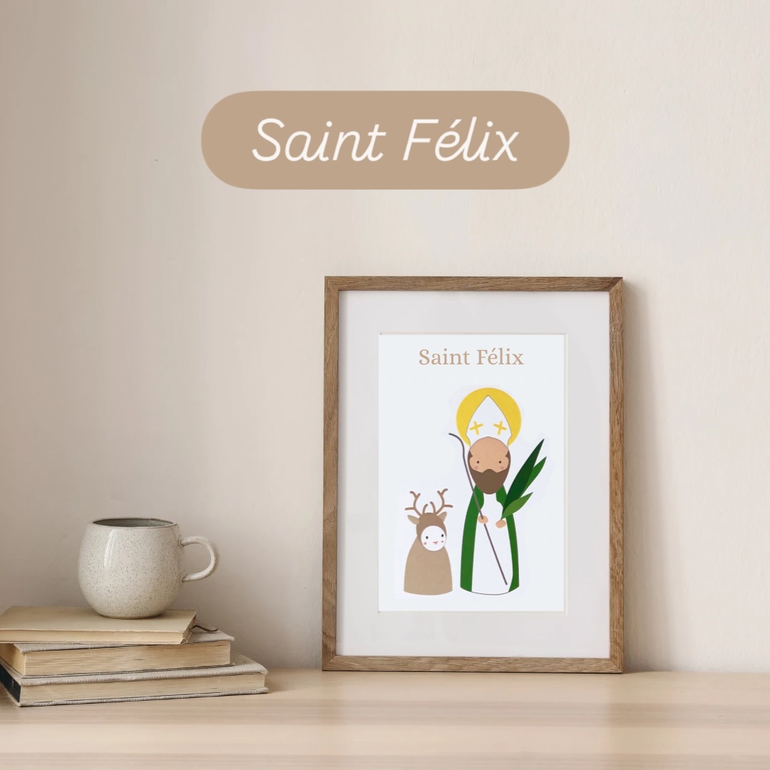 Saint Félix 🤍 12 février
Un prénom doux, discret, malicieux et rempli de lumière.
Saint Félix, témoin fidèle du Christ, nous rappelle que la vraie joie ne dépend pas des circonstances, mais de la confiance.
Voici ma version “peg dolls” de ce saint patron :
pensée pour accompagner les enfants dans la prière,
glissée dans une bible, un missel ou un livre en signet,
ou accrochée dans une chambre comme présence rassurante ✨
Offrir un saint patron à un enfant,
c’est lui offrir un ami pour la vie.
Disponible en signet religieux ou affiche illustrée.
Belle fête à tous les Félix 🤍