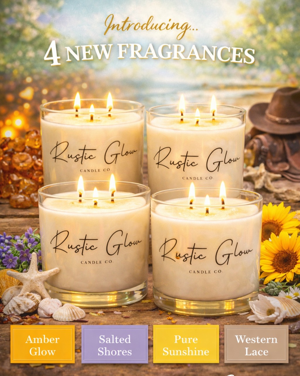 ✨ NEW FRAGRANCE DROP ✨
The wait is over… we’re so excited to introduce FOUR brand new scents to the Rustic Glow Candle Co. collection! 🤍🕯️
☀️ Pure Sunshine – Bright citrus and soft florals wrapped in a playful, sugary finish. It’s happiness in a jar.
🌊 Salted Shores – Fresh coastal air, warm sand, and a hint of seaside sweetness. Your beach escape starts here.
✨ Amber Glow – Creamy pistachio, salted caramel, vanilla, and sandalwood. Golden, warm, and absolutely irresistible.
🌾 Western Lace – Soft lavender, sun-dried cotton, French vanilla, and white musk. Clean, cozy, and effortlessly elegant.
Hand-poured. Soy wax. Clean burning. Made with love. 🤍
Which one are you lighting first? 👇
#NewArrival #NewFragrance #CandleLovers #SoyWaxCandles #HandPoured #CleanBurning #HomeFragrance #CozyHome #SmallBusiness #ShopSmall #WomenOwnedBusiness #RusticHome #GiftIdeas #SelfCare #HomeDecor #CandleAddict #SpringScents #LuxuryCandles #SupportSmallBusiness