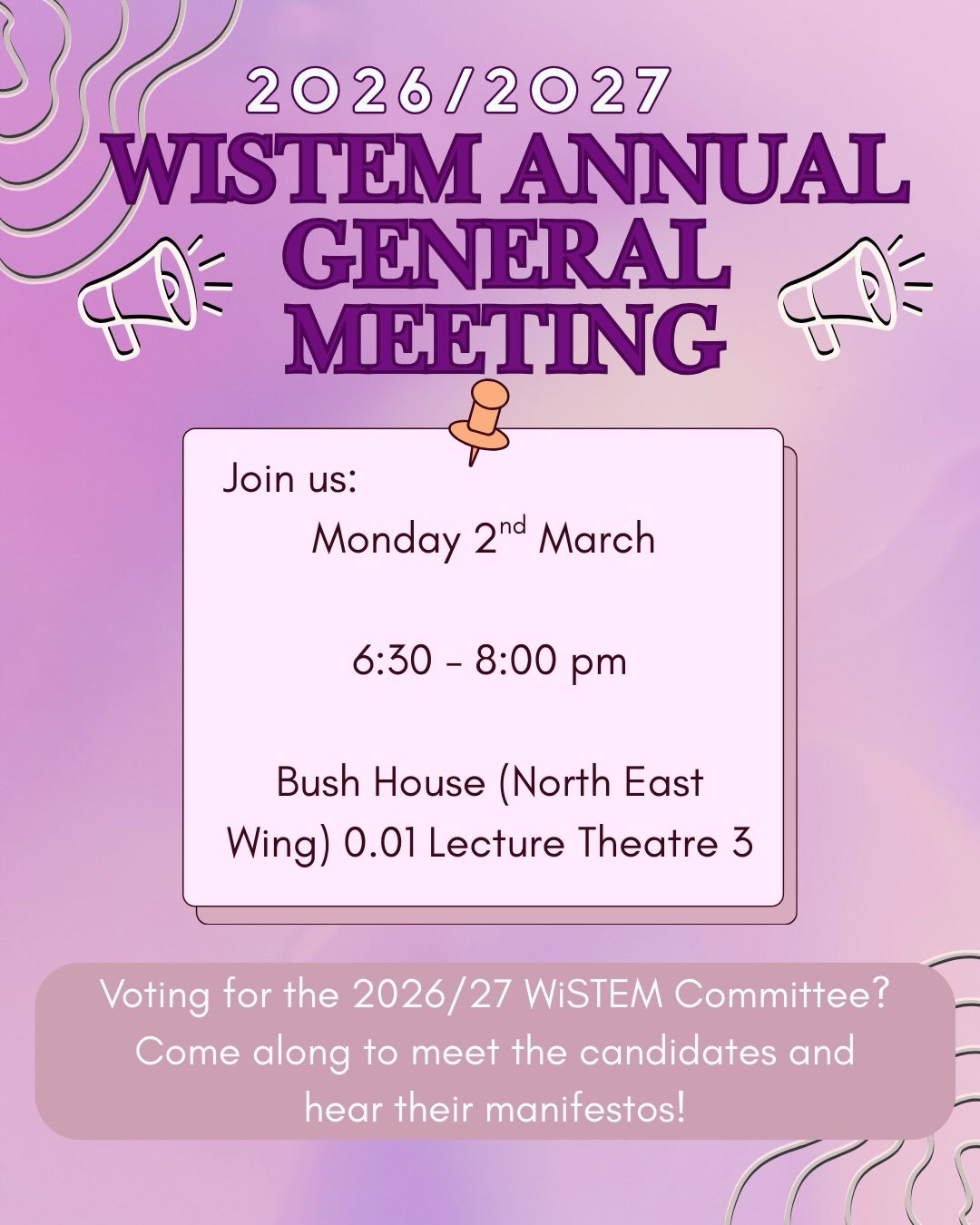 Join us for the WiSTEM 2026/27 Annual General Meeting! Come meet the candidates running in the KCLSU elections, hear their manifestos, and help shape the future of WiSTEM š©š½āš¬āØ
š Monday 2nd March
ā° 6:30ā8:00pm
š Bush House (North East Wing) 0.01 Lecture Theatre 3
Donāt forget to sign up using the QR code or this link below:
https://luma.com/smsweq13
Be part of shaping the next year āØ