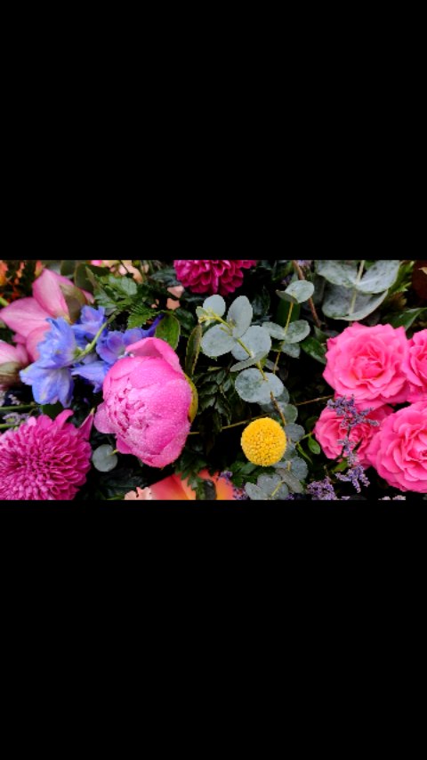 Peonies and delphiniums to remember a vibrant and lovely lady. Very much an honour to make #thestockbridgeflowercompany #peonies #pinkpeonies #doublebluedelphiniums