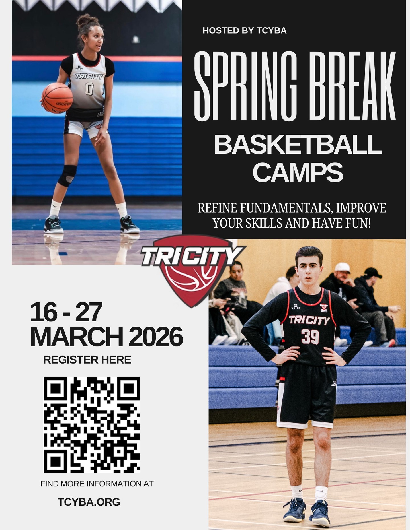 TCYBA Spring Break Basketball Camps are here!
Register before midnight Friday, March 7 to receive 10% off.
Join us for a 5-day camp focused on skill development, competition, and game decision-making in a fun, fast-paced environment.
March 16–20: Individual Skill Development
March 23–27: Competition and Decision Making
Camps are co-ed and open to Grades 4–10 with morning, afternoon, and full-day options available.
Spots are limited. Register now at TCYBA.ORG