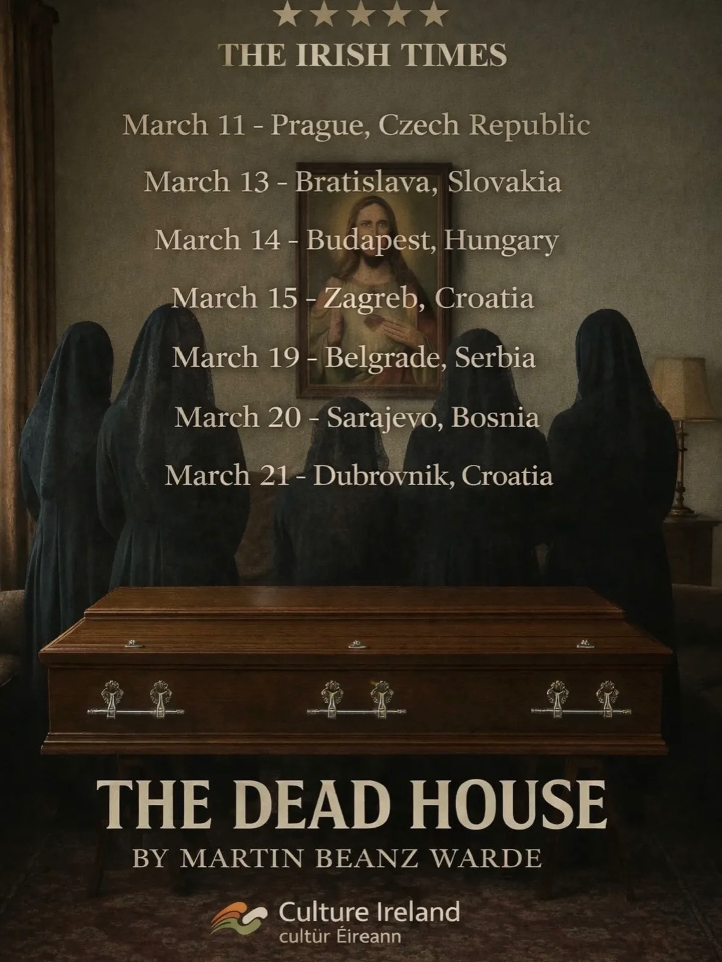 🇮🇪 Direct from Ireland to Prague: THE DEAD HOUSE
What happens when a Traveller funeral meets sharp, observational dark comedy? You get The Dead House, a gripping one-man show written and performed by the brilliant Martin Beanz Warde.
Step into the “Dead House” with Patrick—a man navigating the grief, the grit, and the absurdly funny realities of an Irish Traveller wake. From the “crow-like” huddles of mourning women to the stoic silence of the men, Warde peels back the layers of tradition with wit, heart, and a touch of black humor.
Expect a night that moves seamlessly from stand-up energy to profound storytelling.
📍 The Details
Where: Divadlo Na Prádle (Besední 3, Prague 1 - Malá Strana)
When: March 11th
Times: Doors 19:00 | Show 19:30
Tickets: 350 Kč (General) | 250 Kč (Students)
Link: www.napradle.cz
Tickets: https://goout.net/en/the-dead-house/szxbcgy/
Don’t miss this rare chance to see one of Ireland’s most distinct voices live in the heart of Malá Strana. 🎭✨