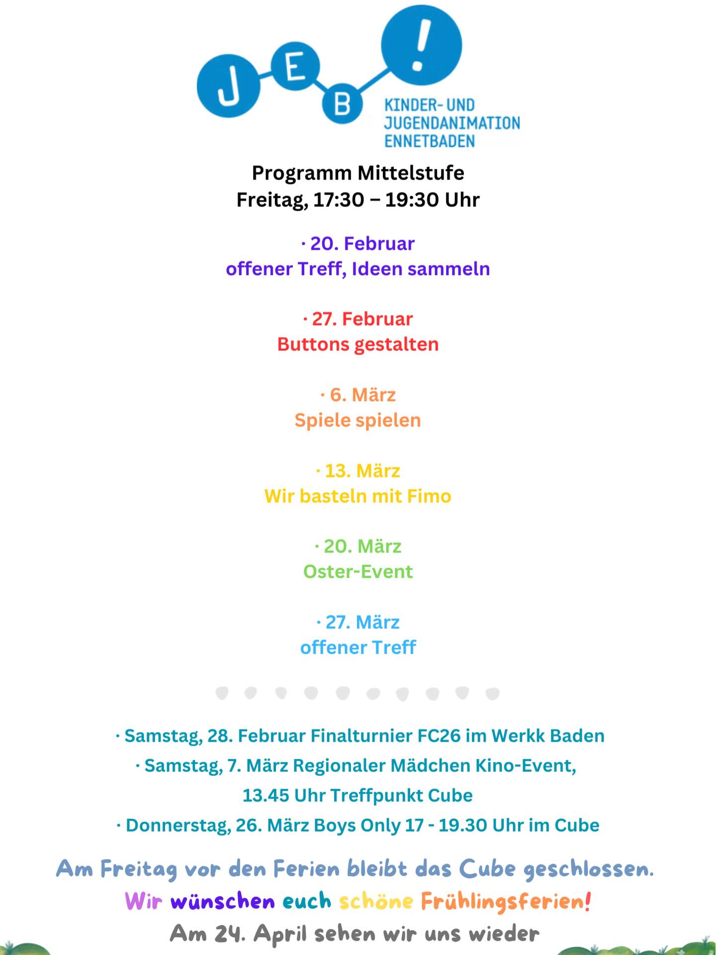 Unser Programm im Cube bis zu den Frühlingsferien 🐣🪺🌷
Komm vorbei, wir freuen uns auf Euch!☺️
#cube #ennetbaden #jugendarbeit