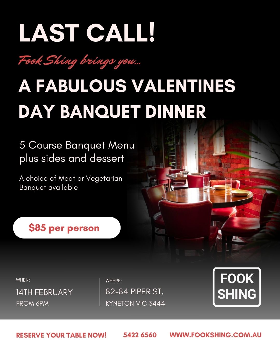This Saturday, 14th February, from 6.00pm, join us for a 5-course banquet, including sides and dessert, priced at $85 per person. A vegetarian menu is available. Lunch service remains unchanged. Limited seats are left - reserve yours now!
.
.
.
.
.
.
#kyneton #piperstreet #piperstreetkyneton #macedonranges #daylesfordmacedonranges #macedonrangesnaturallycool #visitvictoria #tourismvictoria #fookshing #fookshingkyneton #victorianwine #melbournefoodie #macedonrangesfood