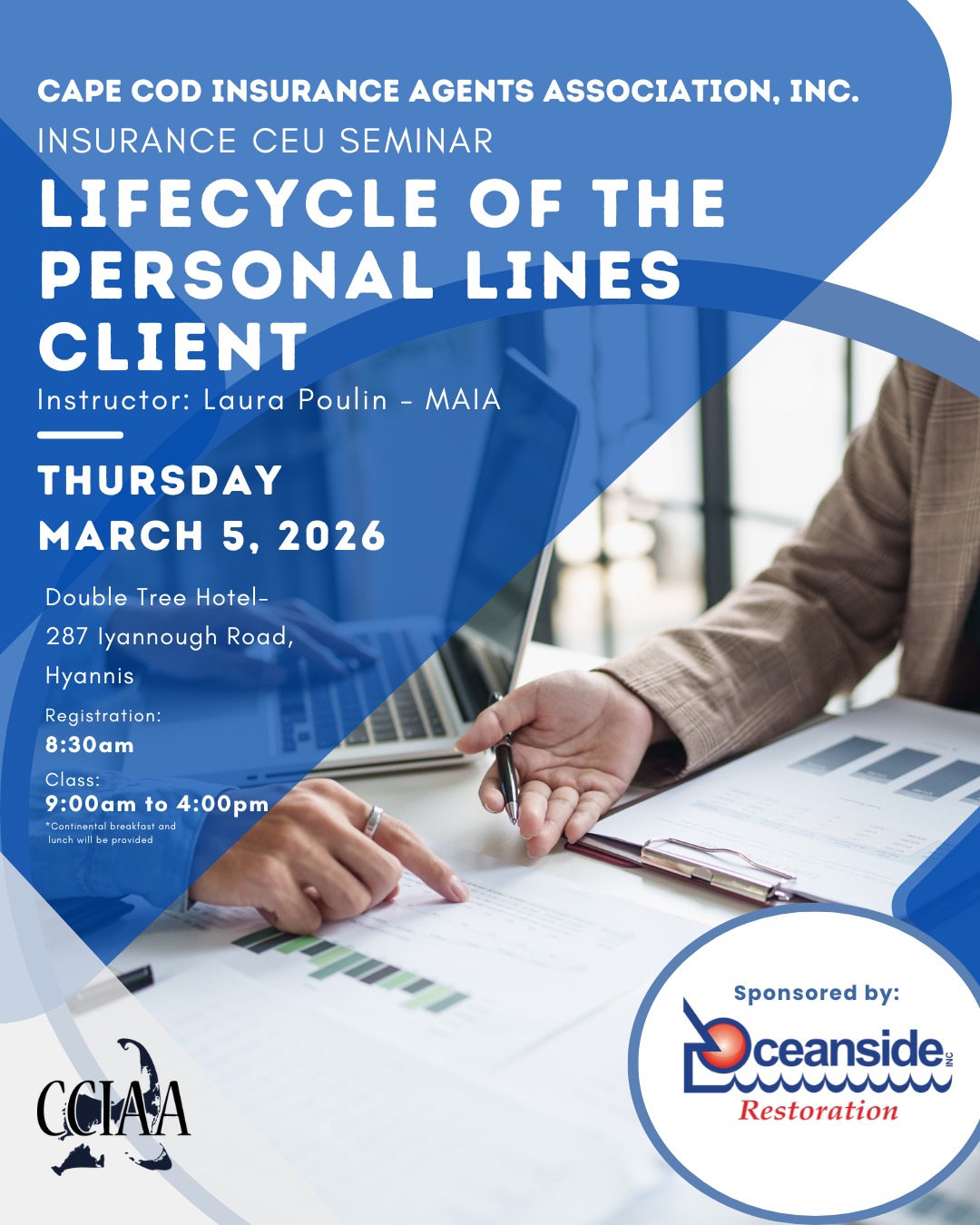 Join the Cape Cod Insurance Agents Association for a deep dive into the Lifecycle of the Personal Lines Client. Whether you’re looking to sharpen your workflow or better understand your clients' evolving needs, this is a session you won't want to miss. This session is going to be led by the Laura Poulin from MAIA.
🗓️ Event Details:
When: Thursday, March 5, 2026
Where: DoubleTree Hotel | 287 Iyannough Road, Hyannis
Registration: 8:30 AM
Class Time: 9:00 AM – 4:00 PM
💡 Why Attend?
Earn your CEU credits in a professional, collaborative environment.
Gain actionable insights into the personal lines client journey.
Perks included: Enjoy a continental breakfast and lunch on us! ☕🥯🥗
A huge shoutout to our sponsor, Oceanside Restoration, for supporting this event! 🌊
Secure your spot today and stay ahead of the curve! Registration link in our bio.
#CCIAA #InsuranceAgents #CapeCodEvents #InsuranceEducation #CEU #PersonalLines #Networking #HyannisEvents