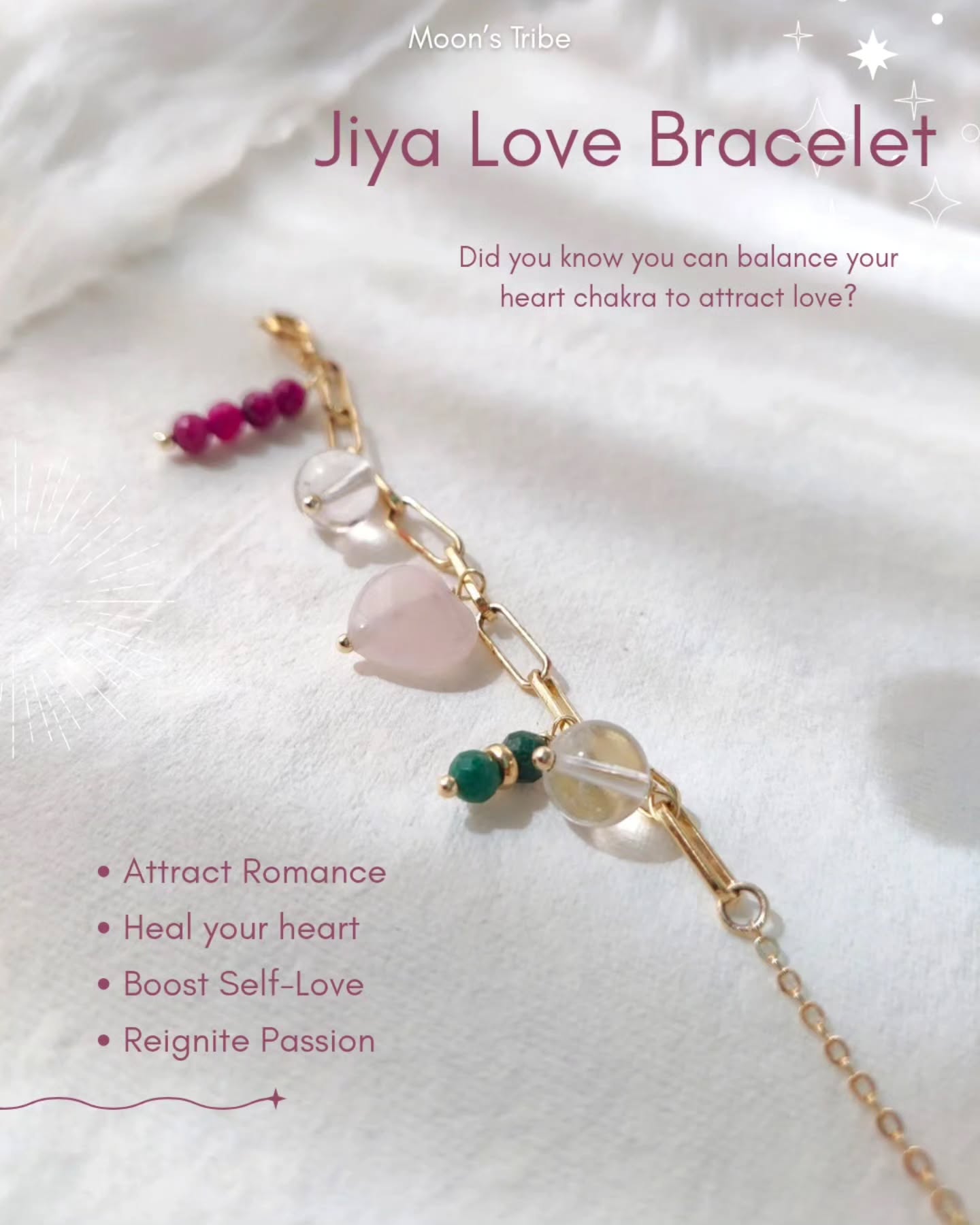 Rose quartz charm bracelet for love and passion. A powerful combination of Rose quartz, emerald, ruby, and clear quartz helps you heal old wounds, open your heart chakra and attract passionate love in your life.
A crystal bracelet that is a combination of energy jewelry and style.
For all my spiritual girlies who love energy and style.