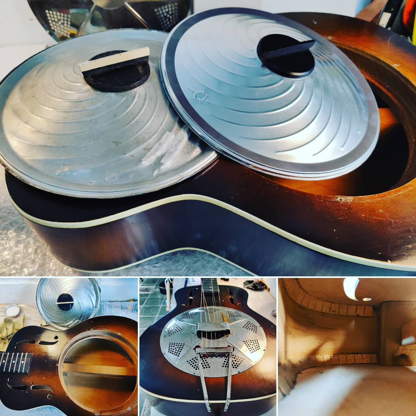 Swapping cone and biscuit on this vintage national trojan resonator guitar from the '30's. Such a nice guitar!
#resonatorguitar #lutherie #guitarrepairs