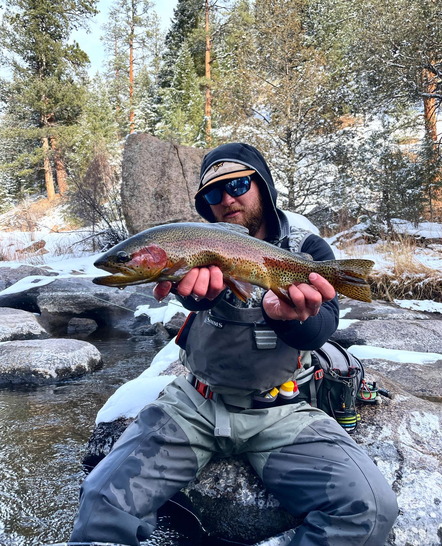 A tough day in the canyon today. It started out very cold this morning making the fishing slow, but we stayed determined to find a fish willing to eat. After several miles of walking up and down the snow filled canyon, I was lucky enough to approach this fish feeding in a small pocket of water. Three casts and it was all over from there. All said and done, this fish made the day.
•
#flyfishing #southplatte #flyfishcolorado #colorado #rainbowtrout #troutfishing #winterfishing #getoutside #keepemwet #fishpond #fishitwell #catchandrelease #weekendvibes