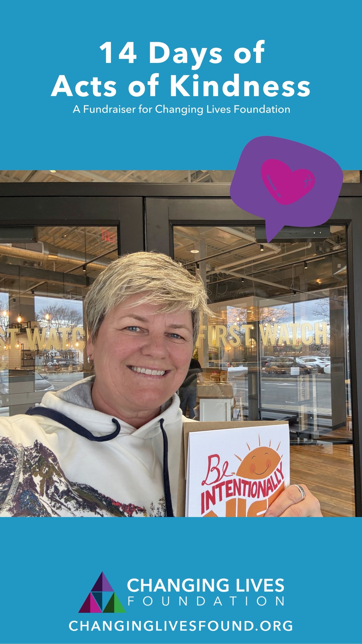 Today’s act of kindness was simple but powerful. Tammy shared words of encouragement with a server at First Watch, reminded him how much his service mattered, and left with a full heart (and a hug).
Kindness costs nothing, but it means everything. ❤️
#changinglivesfound #up2Him #nonprofit #fundraiser #kindness #actsofkindness #14days #february #day7