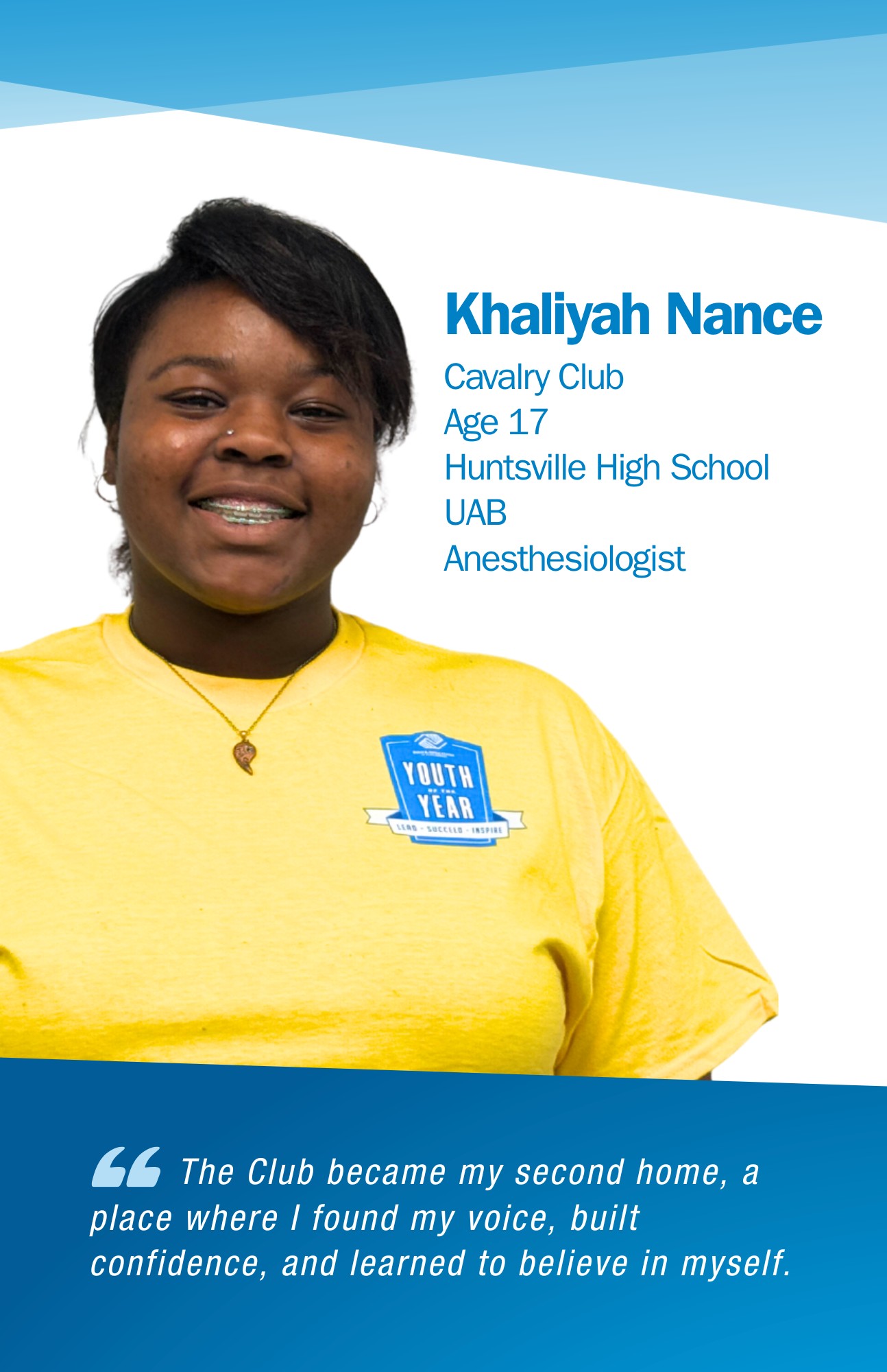 Khaliyah Nance is representing the Cavalry Club in the 2026 Youth of the Year program—opening doors to scholarships and leadership opportunities.
North Alabama Needs Club Kids. Good luck, Khaliyah.