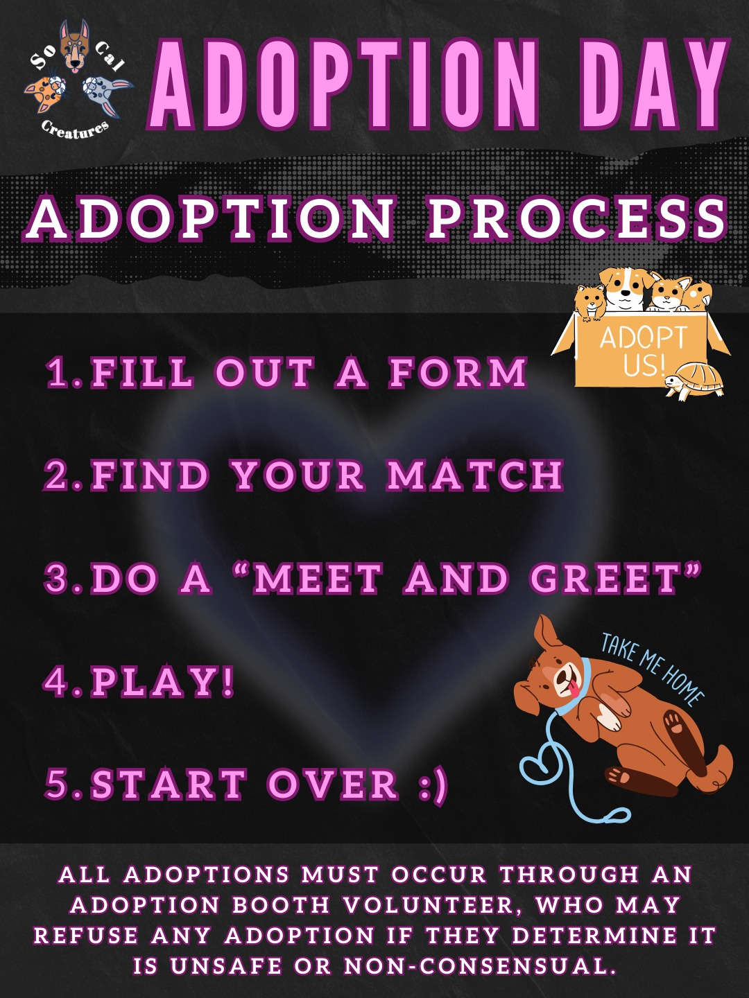 Curious about how the adoptions this Saturday will work?
Our Adoption Booth volunteers will walk you through the 5 easy steps:
1. Fill out your Adoption Form
- online by tonight (2/11) after you buy your ticket, or in person
2. Find your Match
- by looking through the forms at the event! Tell the adoption booth who you're interested in, and they'll go ask to make sure it's mutual.
3. Do a "Meet and Greet"
- a scene negotiation mediated by a booth volunteer.
4. Play!
5. Start Over :)
- you can do this process as often as you like to meet new playmates!
**All adoptions must go through an adoption booth volunteer. The negotiation mediator may refuse any adoption if they determine it is unsafe or non-consensual**
---
Share the critter love with a new playmate at our annual ADOPTION DAY ๐ A themed 18+ guided pickup play event on 2/14 at @910weho!
๐ Ticket & Info Links in Bio ๐