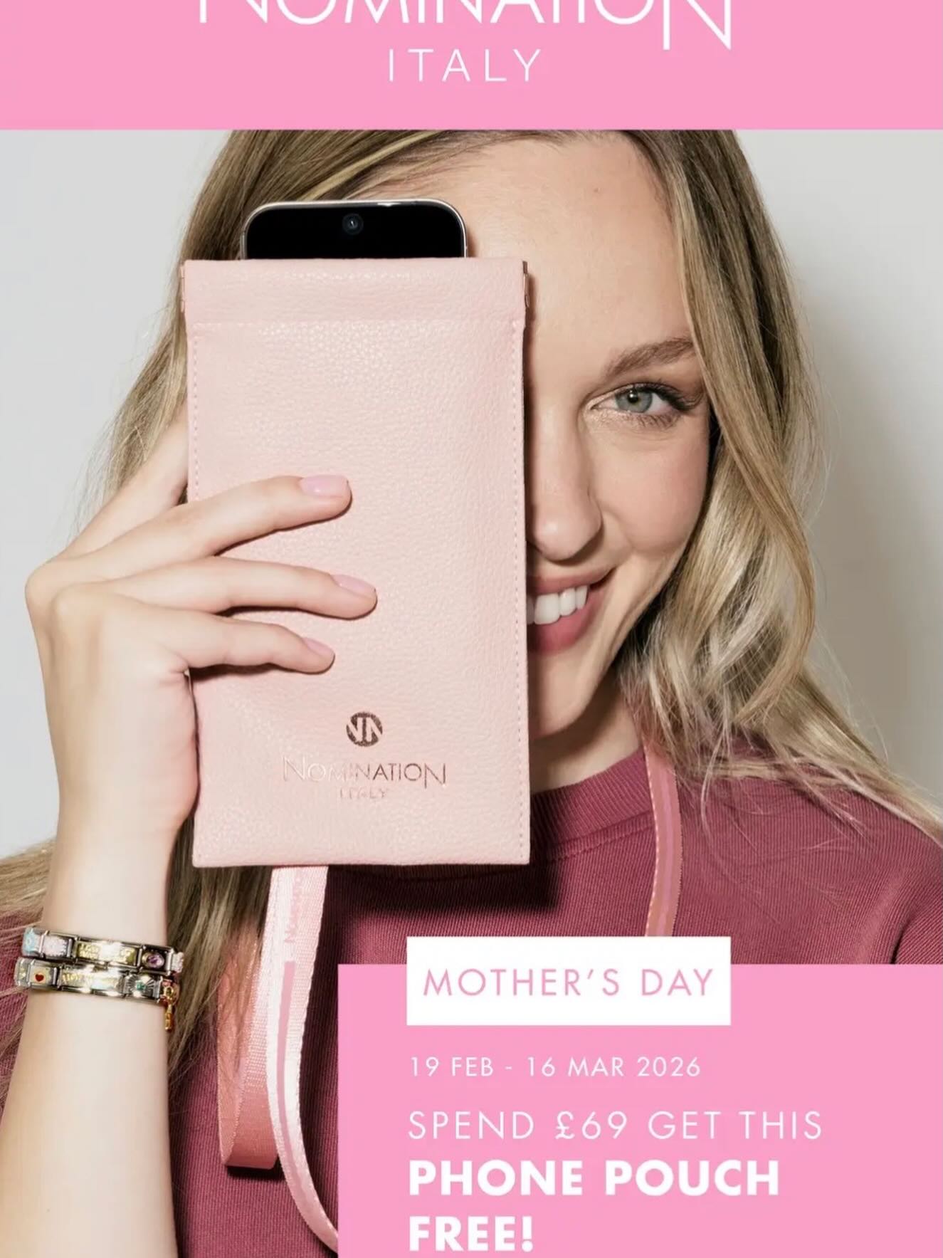 Spend £69.00 on Nomination and get a free phone pouch. T&Cs apply. Whilst stock last. Offer ends 16th March 2026. #nominationjewellery #shoplocal #freegift #flitwickjewellers