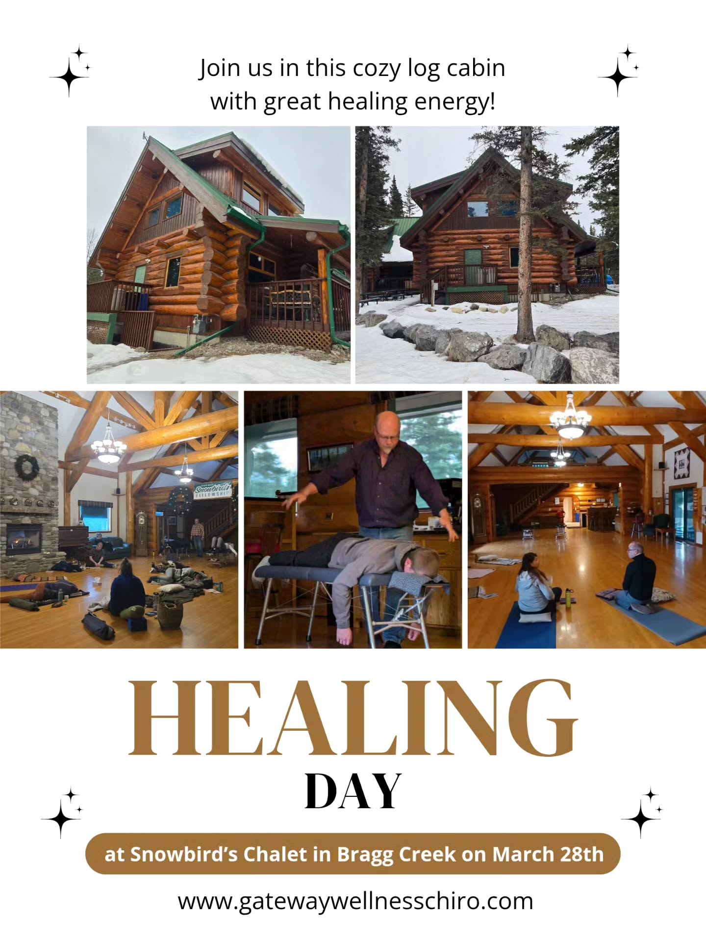 Snowbird's Chalet in Bragg Creek is the location of our Healing Day next month. It boasts a beautiful log construction, a gorgeous fireplace, and truly unique acoustics - making @deirdreyoung 's singing that much more magical and moving. You'll see!
Register with Julie (403) 217-5577 from Gateway Wellness Centre, or feel free to direct any questions about this special event to her or Dr Rob at your next Chiropractic entrainment.
#snowbirdschalet #braggcreek #healingday #networkcare #networkspinal