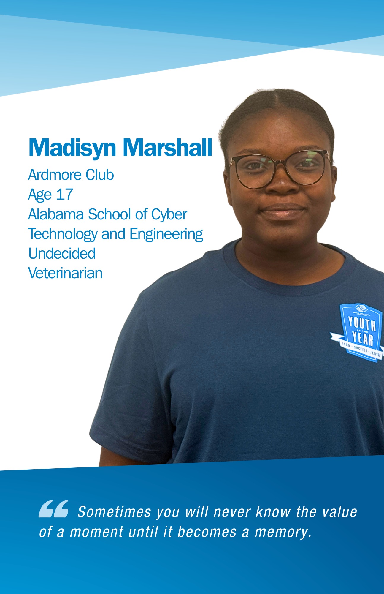 Madisyn Marshall is representing the Ardmore Club in Youth of the Year, building confidence and preparing for what’s next.
North Alabama Needs Club Kids like Madisyn. We wish her success.