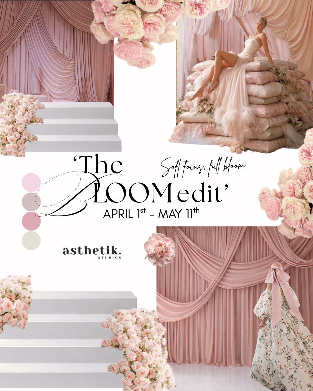 Soft drapes. Layered florals. Sculpted blush tones.
Introducing The Bloom Edit — a spring portrait environment designed for moments that deserve to feel artful, feminine, and timeless.
Featuring optional floral steps or couture cushion styling for added depth and drama — perfect for motherhood portraits, muse sessions, and boudoir.
Available April 1 – May 11
Bookings are open now online.
Come bloom in your own way.
#MothersDay #springphotography #boudoir