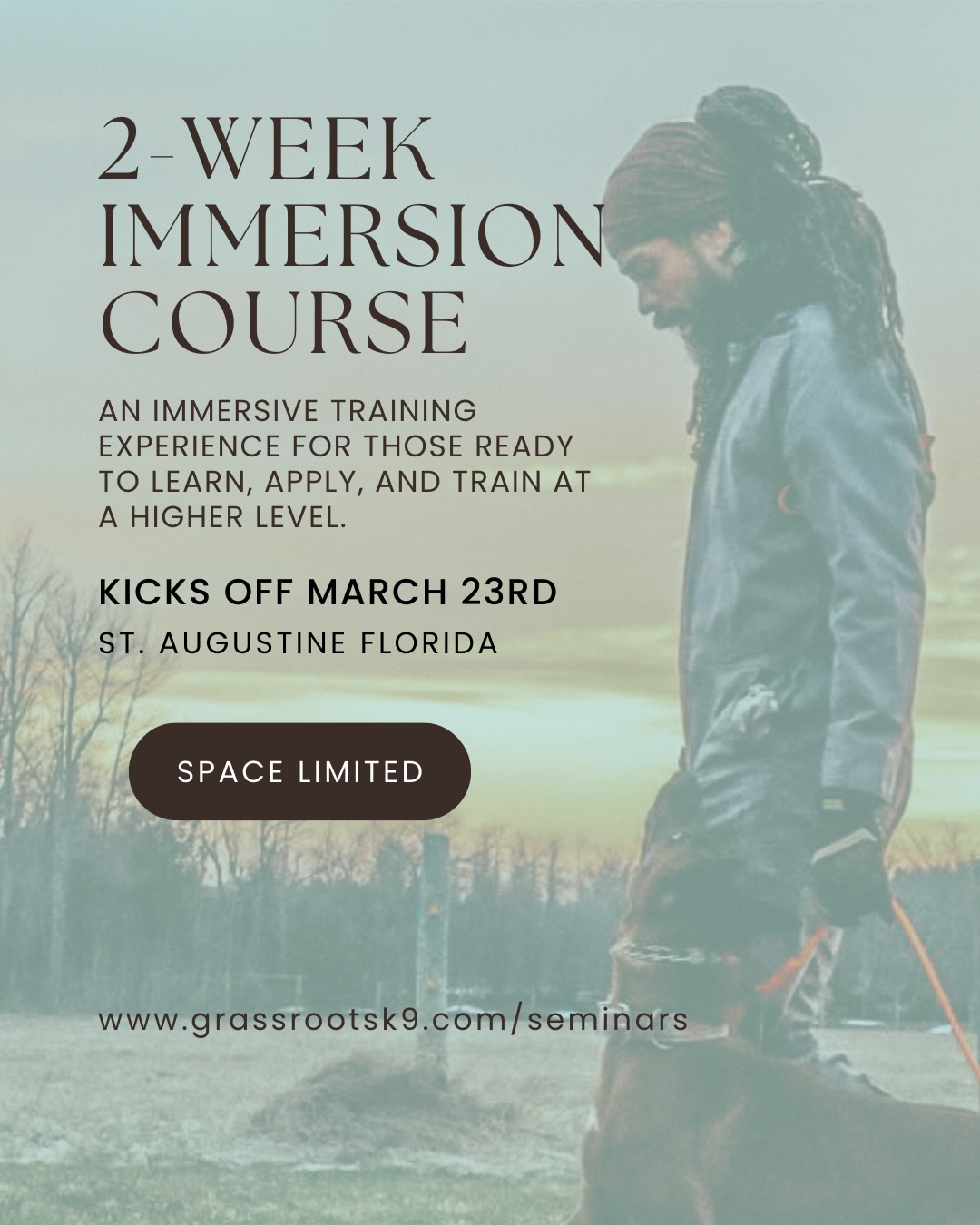 This isn’t a seminar.
It’s not a weekend workshop.
It’s two full weeks inside the real world of professional dog training.
March 23rd – April 3rd, 2026
St. Augustine, Florida
Work directly alongside Michael Nezbeth.
Learn operant & classical conditioning.
Build obedience from foundation to advanced.
Dive into behavior modification.
Gain exposure to working dog standards.
Understand what it truly takes to run a professional training program.
This is for those ready to train at a higher level.
Spots are intentionally limited.
Register at 👉 grassrootsk9.com/seminars
#GrassrootsK9 #DogTrainerLife #ImmersionCourse #WorkingDog #BalancedTraining DogTrainingEducation