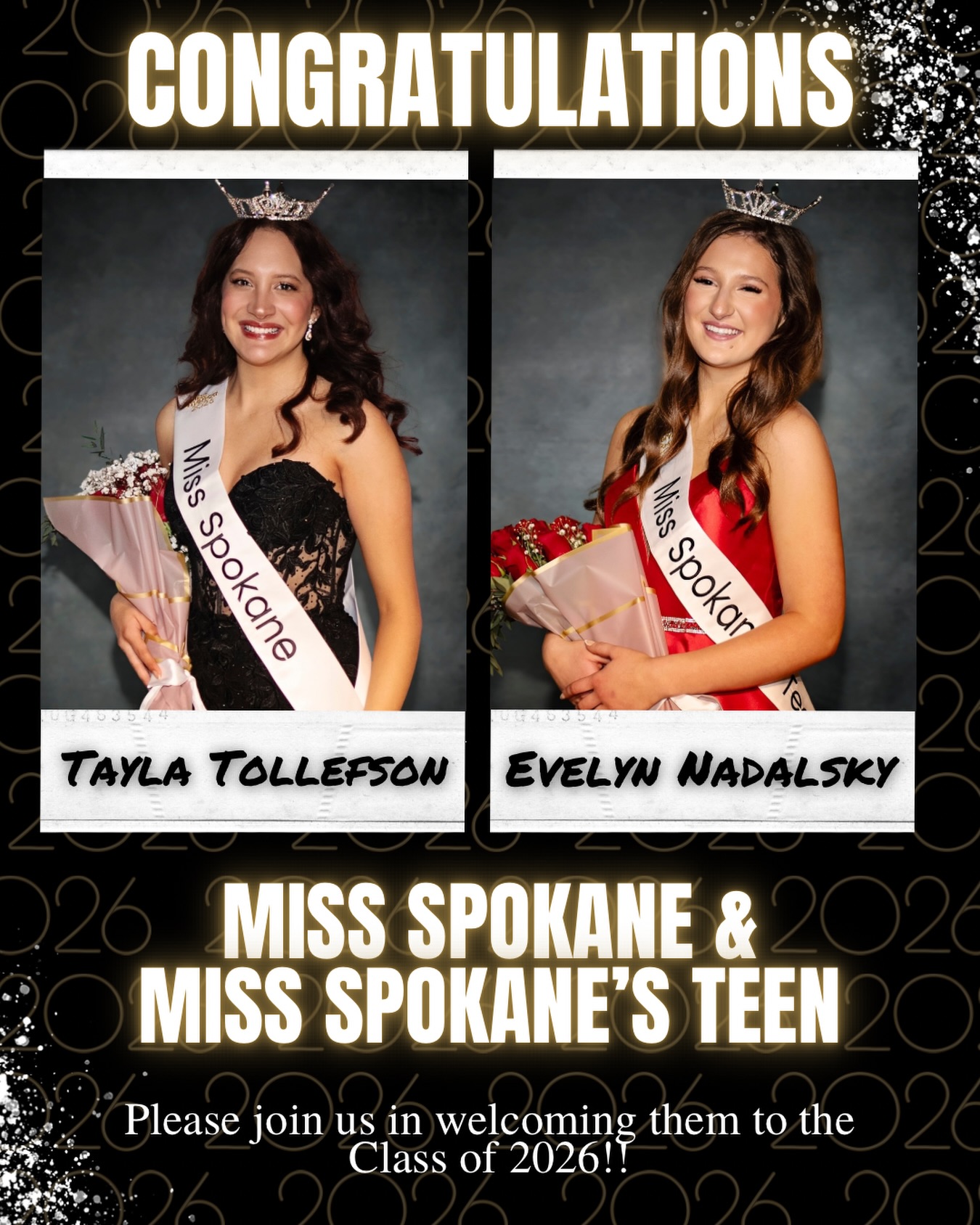Please welcome our newest members of the Miss WA Class of 2026, Miss Spokane @taylatollefson and Miss Spokane’s Teen @evelyn_nadalsky. Congratulations, ladies!
#missamerica #misswashington #missspokane