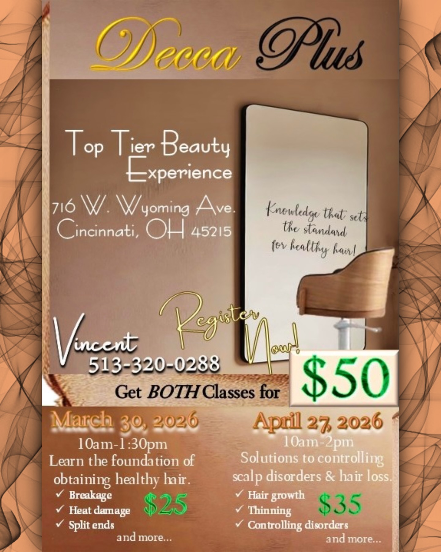 HEALTHY HAIR CLASS BUNDLE!
Cincinnati LICENSED HAIR PROFESSIONALS sign up for our 2 class bundle deal! If you are a cosmetologist, barber, loctician, trichologist, natural hair stylist or braider in the Cincinnati area, we invite you to attend our two part Decca Plus classes! March 30th, we start from the beginning, teaching the inner makings of hair, identifying the issues, and giving solutions. April 27th, we’ll take a close look at the scalp, addressing hair loss and scalp disorders that plague our community and show you how to fight back for healthy and natural hair growth! Register for part one for $25, part two for $35 or get our discounted bundle deal and get both classes for just $50! Join us and get the knowledge that sets the standard for healthy hair!
•
