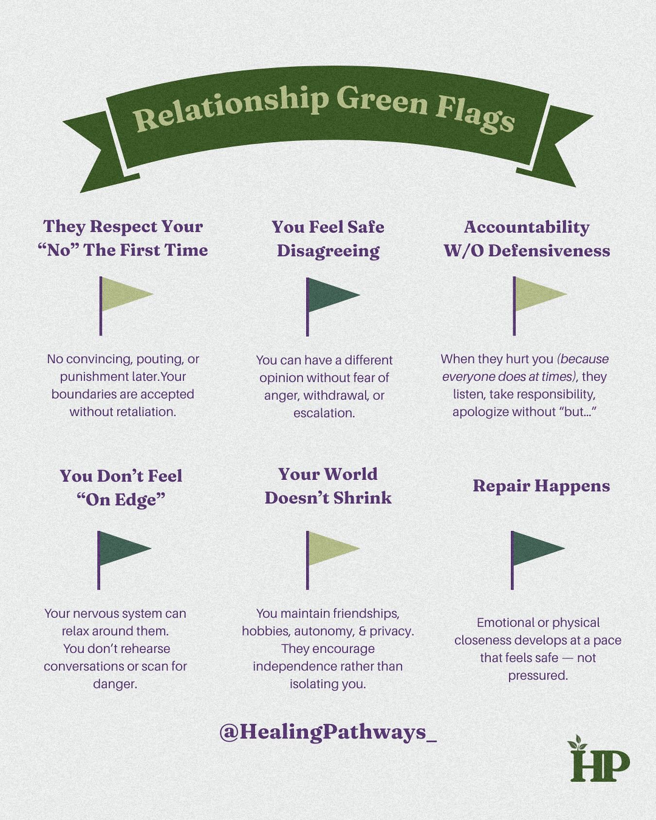 If you’ve experienced abuse or unhealthy dynamics, it can be hard to recognize what healthy love actually looks and feels like. Sometimes chaos feels familiar. Sometimes intensity feels like passion. Sometimes calm can even feel foreign.
So today, we’re highlighting relationship green flags, the steady signs of safety, respect, and mutual care.
We invite you to reflect:
What does healthy love look like to you?
Which green flag stands out most?
If you or someone you love is navigating unhealthy or abusive relationship dynamics, support is available. Reach out today to schedule a consult with one of Healing Pathways clinicians, who can help guide you to emotional safety.
Submit an inquiry via our Website
Call or text us at 908-434-6008