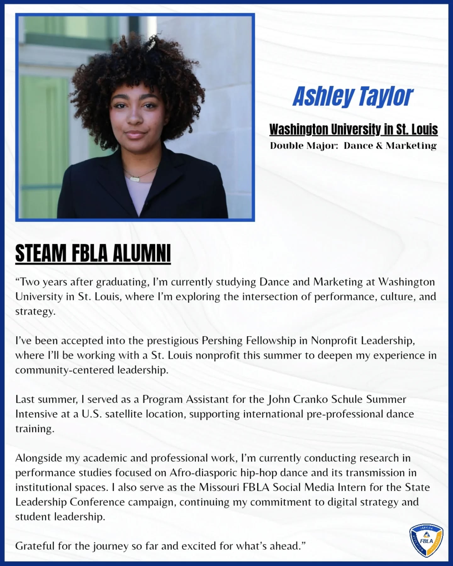 🌟Alumni Spotlight🌟
We are forever grateful to have Ashley Taylor as one of our STEAM FBLA alumni. She has shown our chapter what a true leader is through mentorship, ethics, and positivity, and continues to grow in her post-secondary journey.
Learn more about her through LinkedIn or at @its.ashleygena on Instagram.
Are you an alumni that wants to be featured? Fill out the form in our bio's Linktree to get started!
-
-
#alumni #alumnipost #leadership #fbla #steamfbla