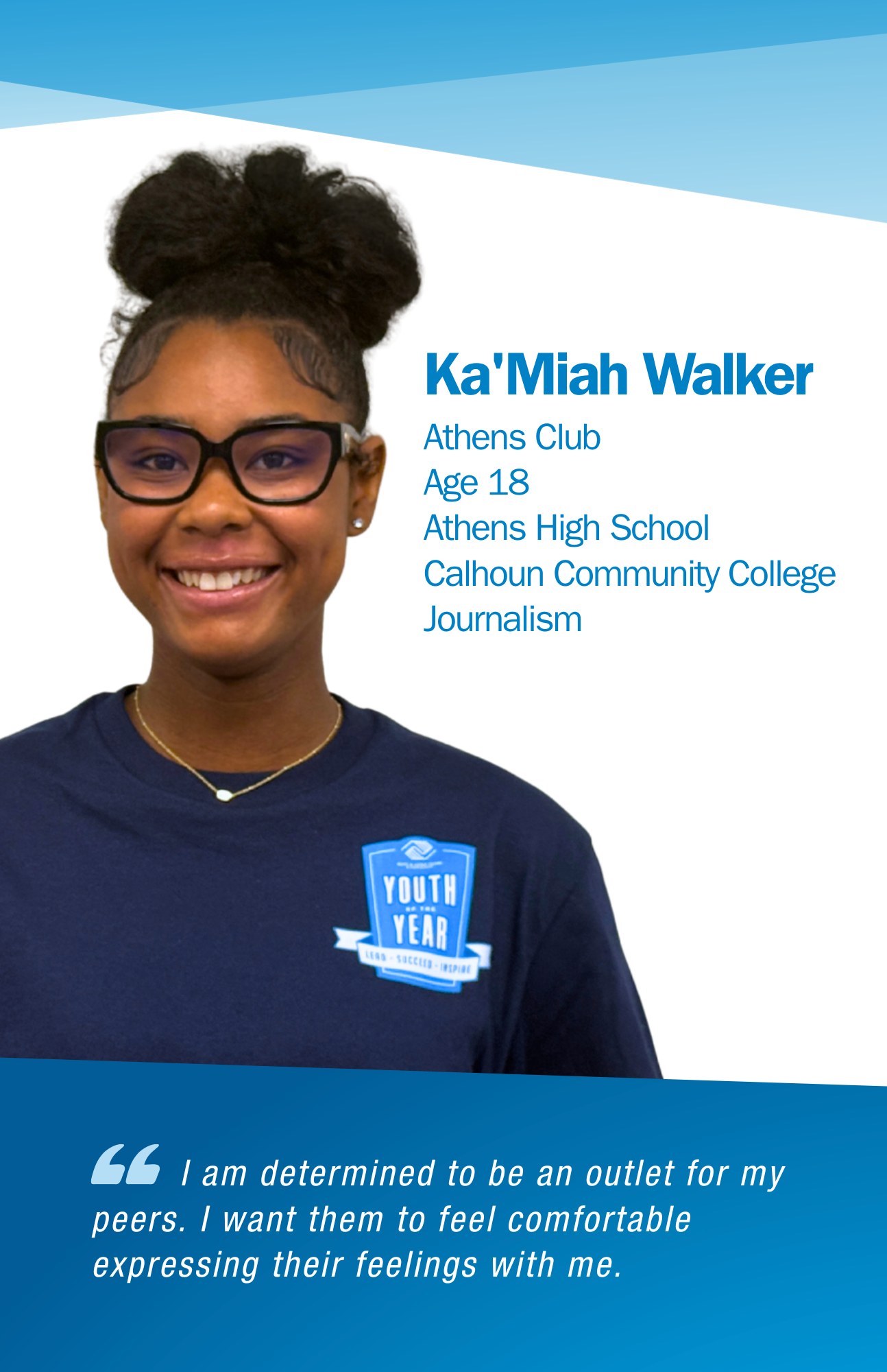 Ka’Miah Walker is representing the Athens Club in Youth of the Year, preparing to lead and pursue her future with confidence.
North Alabama Needs Club Kids like Ka’Miah. We wish her the best.