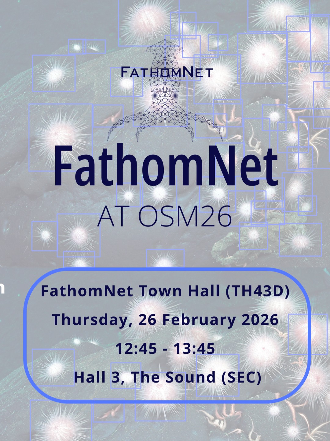 Attending #OSM26 in Glasgow? Join us for the FathomNet Town Hall on Thursday, Feb. 26 at 12:45. We'll demo the FathomNet Database, Portal, and FathomVerse—plus share how you can contribute visual data, analyze ocean video, and expand engagement through gaming.
Come with questions, leave with solutions. See you there! Link in bio to save to your calendar.