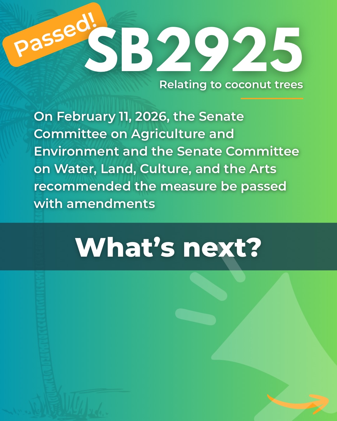 SB2925 is making its way through the legislature! As of February 11, the Senate Committees on AEN and WLA recommended the measure be passed with amendments.
SB2925 is a measure that would:
🥥 recognize coconut as a source of food and water
🥥 recognize coconut trees as a cultural treasure of Hawai’i
🥥 allow coconut seed banks
🥥 require transparency regarding pesticide use on coconut trees
🥥 incentivize the use of non-toxic methods when managing coconut rhinoceros beetle (CRB)
Call to Action: This bill still needs to be heard by the Senate Committee on Ways and Means and the Senate Committee on Commerce and Consumer Protection!
Here’s how you can help:
📣 Email Senate Committee Chairs, Sen. Donovan Dela Cruz (sendelacruz@capitol.hawaii.gov) and Sen. Jarrett Keohokalole (senkeohokalole@capitol.hawaii.gov) urging them to schedule a public hearing
📣 Prepare your testimony ahead of the hearing
📣 Follow updates via Hawai’i Capitol website