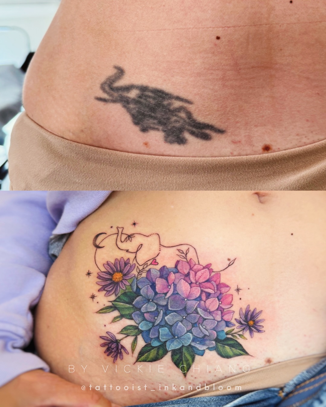 Out with the old, in with the bloom! We covered Stephanie’s well-loved, faded elephant and gave it a new life surrounded by vibrant hydrangea and aster flowers ♡
#TattooCoverUp #FloralTattoo #ElephantTattoo #TattooTransformation #HydrangeaTattoo