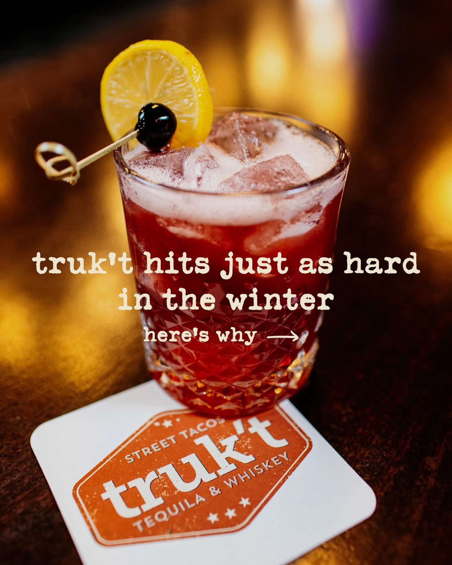 Summer gets the credit but at truk’t, the tortillas stay warm, the whiskey does its job, and the garage doors give you a front row seat to the winter scenery without the wind chill.
Read the blog and see why truk’t hits just as hard in the cooler weather. Link in bio. 🔗