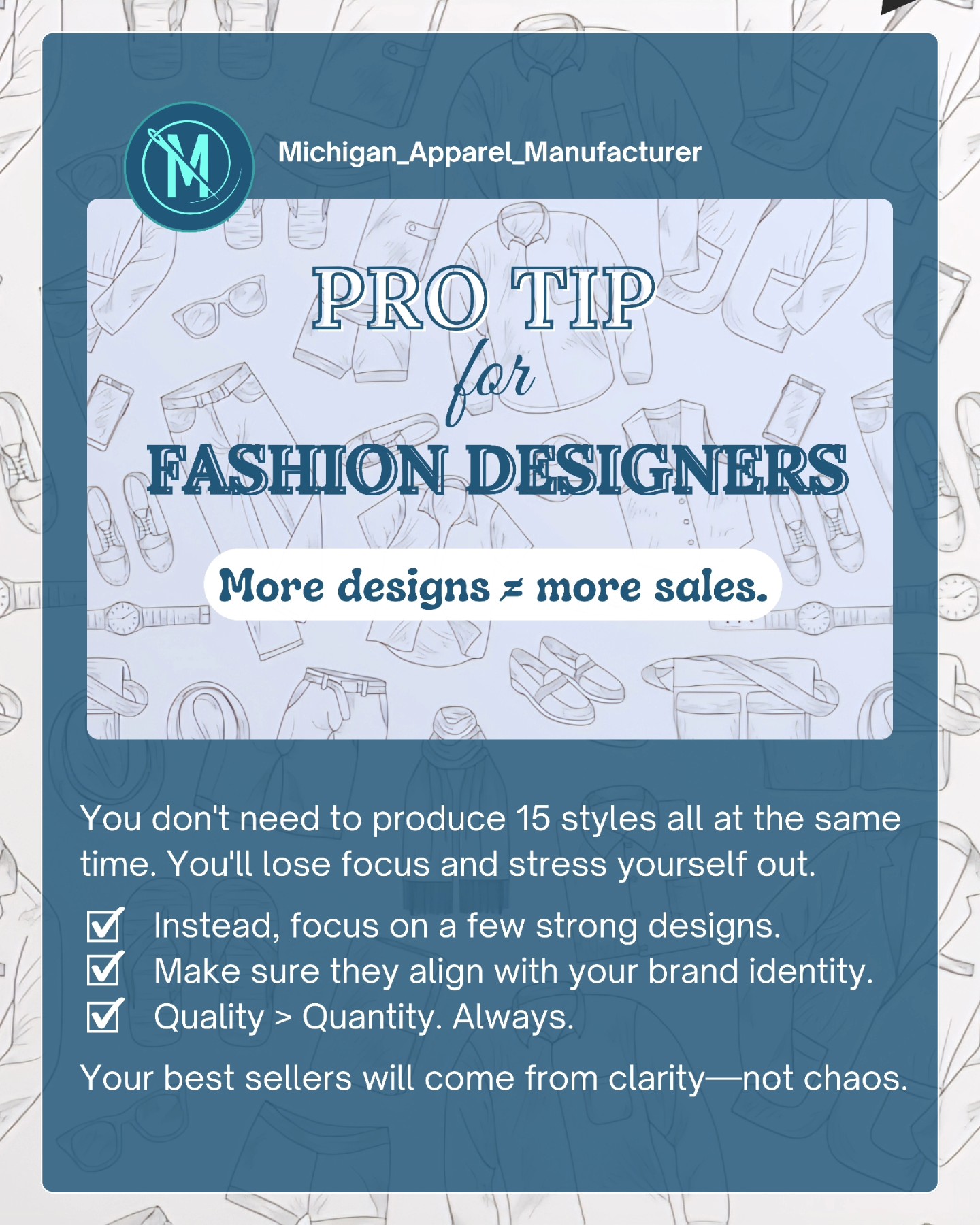 Start with one strong piece. Perfect it. Then scale. Don’t launch with 15 items at once. You'll burn out.
Tag a founder who needs this!
#fashionbrandtips #productstrategy #apparelstartup #protip
#fashiondesigners