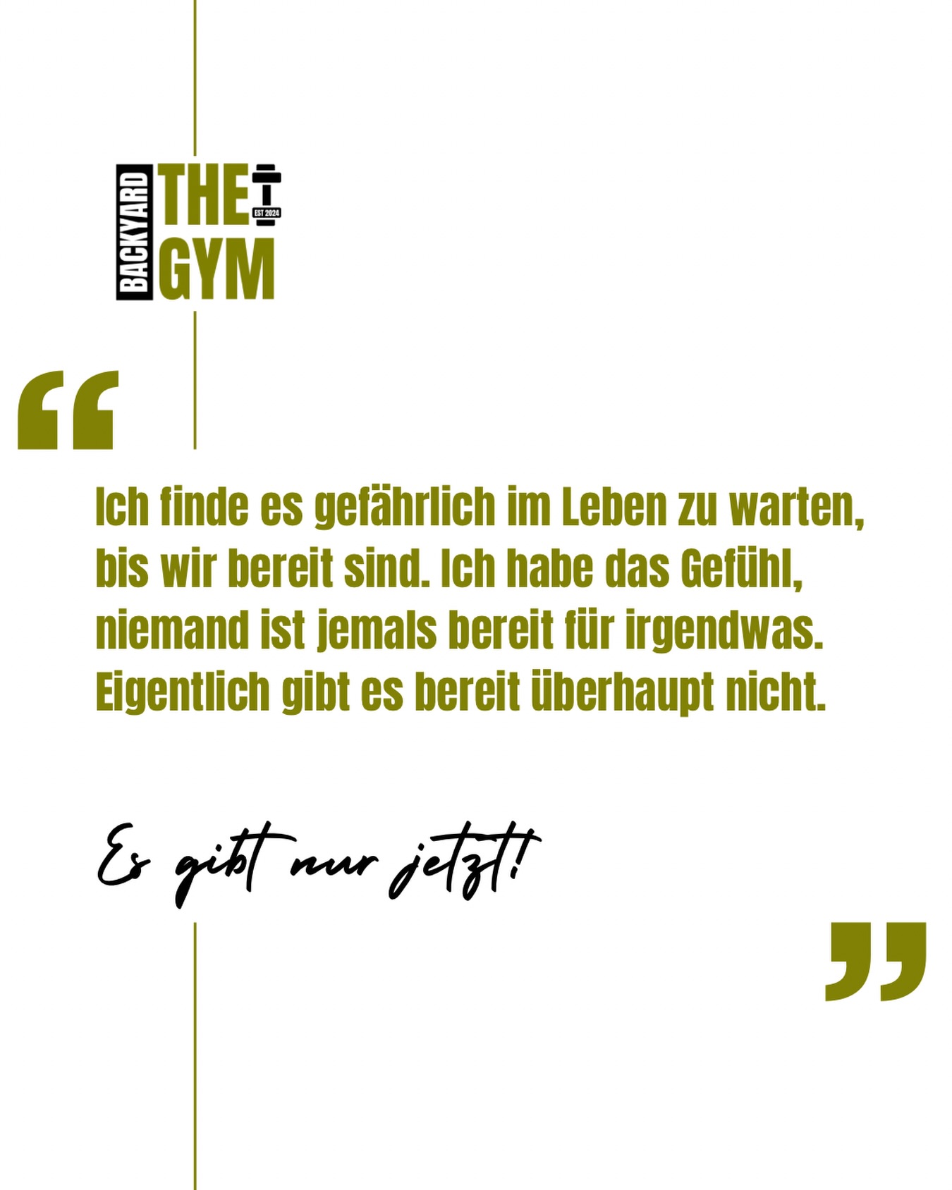 „Bereit“ ist eine Illusion.
Wir warten.
Auf den richtigen Zeitpunkt.
Auf mehr Mut.
Auf mehr Geld.
Auf weniger Angst.
Auf ein Zeichen.
Aber was, wenn dieses Zeichen einfach nur „JETZT“ heißt?
Niemand fühlt sich komplett vorbereitet, wenn er etwas Großes wagt. Nicht beim Neuanfang. Nicht bei der Selbstständigkeit. Nicht bei der Liebe. Nicht bei Veränderung.
Bereit sein ist kein Zustand - es ist eine Entscheidung.
Und vielleicht ist Mut nicht das Fehlen von Zweifel –
sondern der Moment, in dem du trotz Zweifel losgehst.
Hör auf zu warten, bis du dich sicher fühlst.
Wachstum beginnt genau da, wo es ein bisschen kribbelt.
Es gibt kein „irgendwann“.
Es gibt nur jetzt. 🤍✨
#tuesdayquotes#thoughts#mindset#thebackyardgymsaar#nowornever