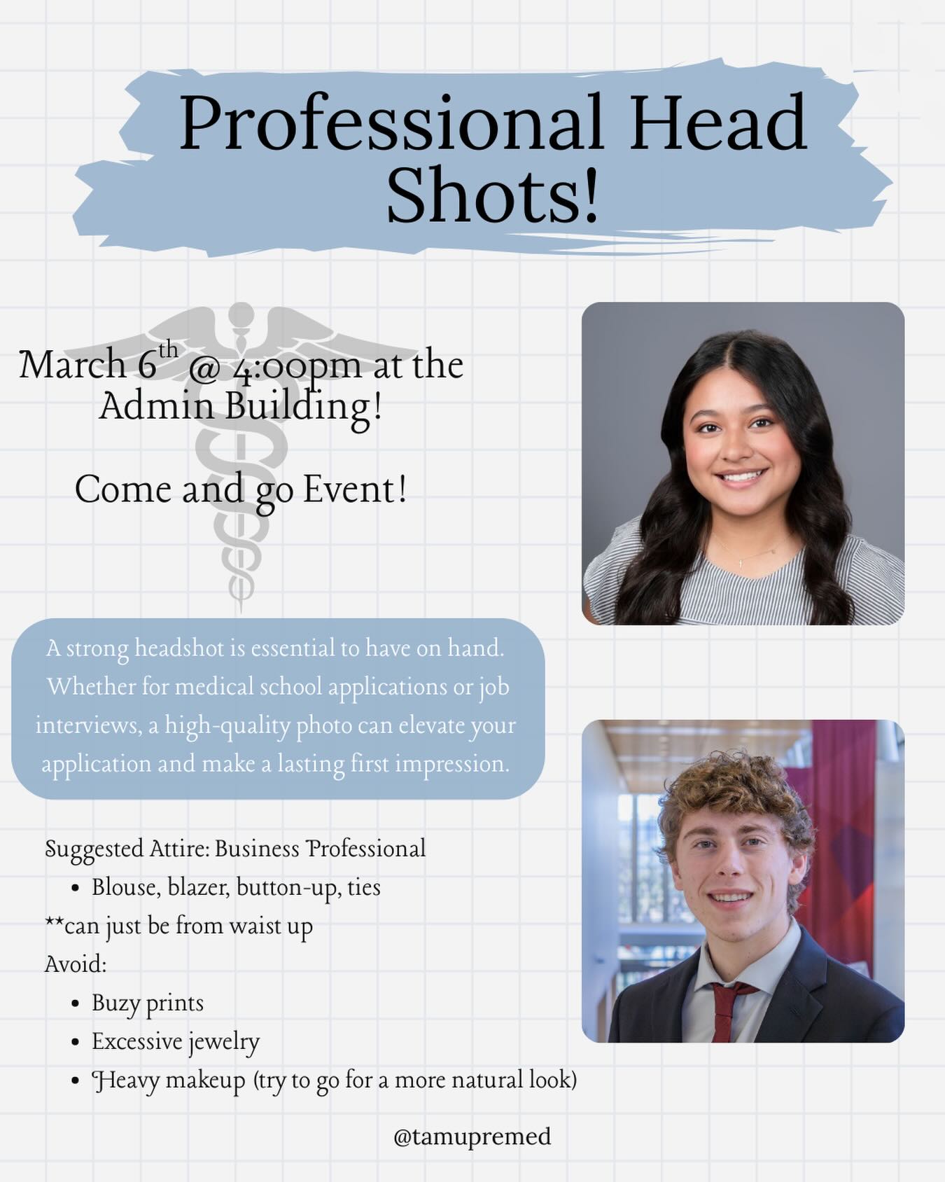 Mark your calendars! Free Professional Headshots! 📸🩺
Stop by March 6th at 4:00 PM in the Admin Building — come and go!
Business professional attire encouraged.