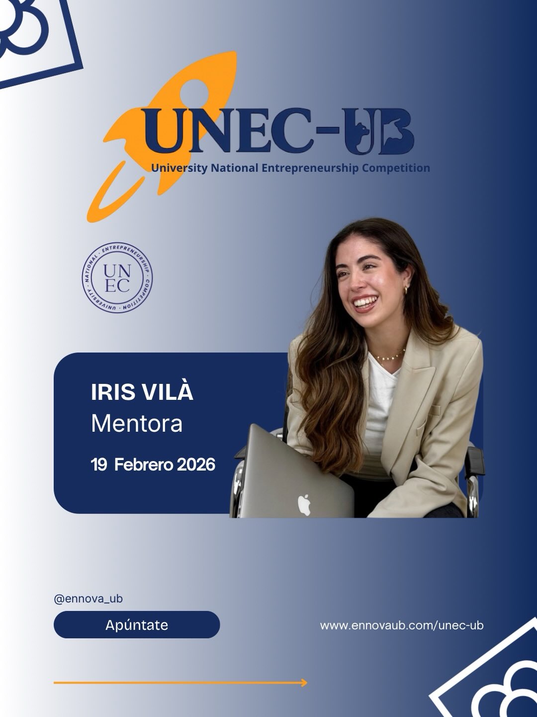 🚀Nueva mentora en UNEC-UB🚀
Tenemos el placer de contar con Iris Vilà, fundadora de UGECE Agency, como mentora en la University National Entrepreneurship Competition en la Universidad de Barcelona.
Iris ayuda a marcas a conectar con su audiencia a través de contenido UGC, storytelling y estrategias pensadas para convertir, acompañando a startups en la construcción de su presencia digital y crecimiento.
¿Cuándo? 19 de febrero de 2026.
Evento: University National Entrepreneurship
Competition UB (UNEC-UB).
¡lnscríbete ya y asegura tu plaza! Link en la bio o en
www.ennovaub.com/unec-ub
#UNECUB #Emprendimiento #Mentoring
#MarketingDigital #UGC Startups EnnovaUB