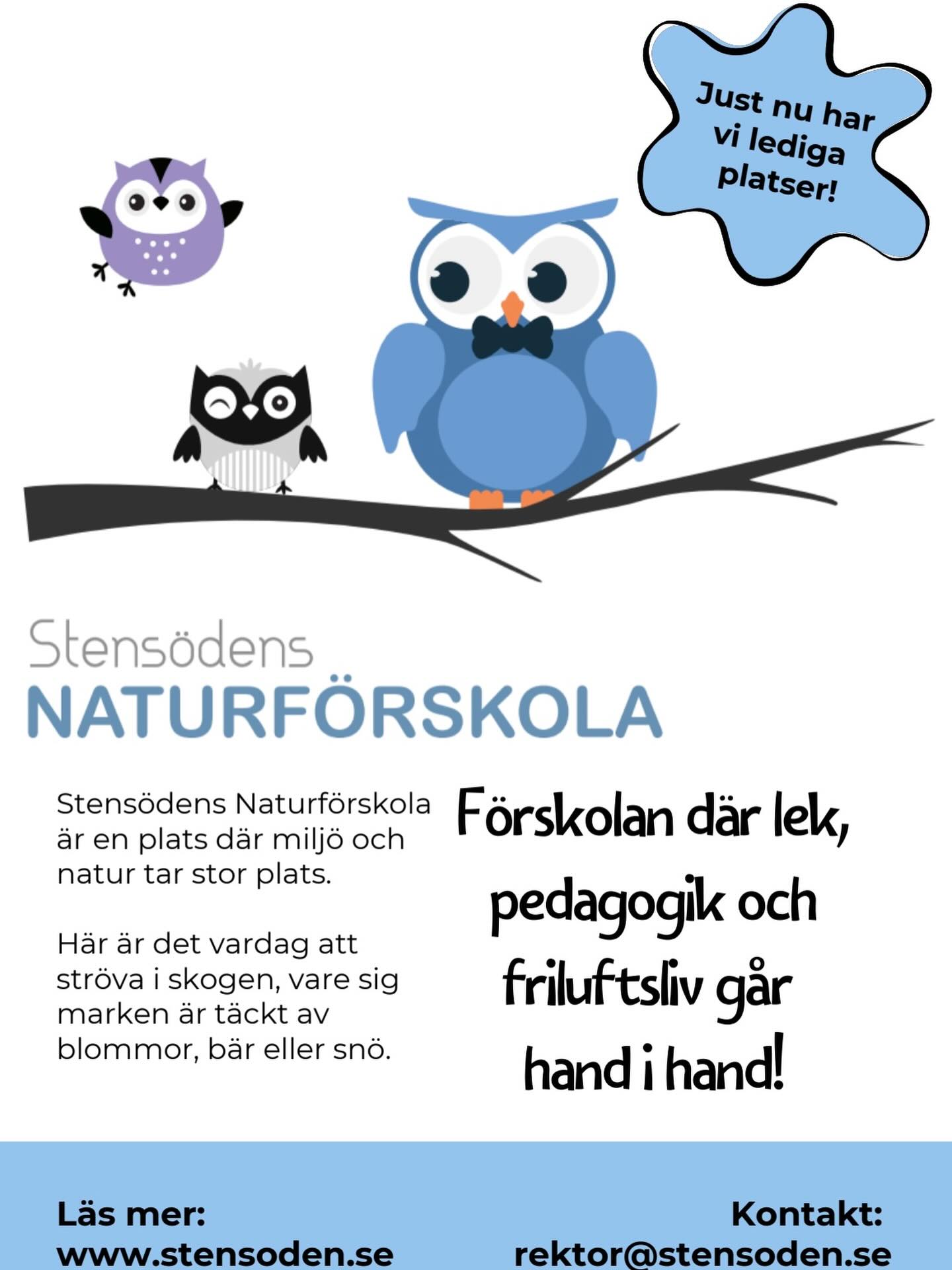 Så här kan en typisk dag på Stensödens förskola se ut:
🍴Frukost som kocken har dukat fram. Gröt med hemmagjord äppelmos eller egenplockade bär.
👫 Samling. Vi samlas i mindre grupper och samtalar och lär oss nya saker.
⛄️ Vi går ut. Leker i snön och åker pulka eller längdskidor.
🍴 Vi går in och äter lunch. Kocken har lagat soppa och nybakat bröd.
😴 Vila. De yngsta barnen sover medan de äldre samlas på vår jättestora puff och lyssnar på högläsning.
⛄️ Vi går ut och leker!
🍴 Mellis. Idag samlas vi i grillkåtan och äter grillad korv.
⛄️ Leken fortsätter tills det är dags att åka hem.
*Undervisning sker särskilt under samlingen men även löpande under dagens alla aktiviteter. Maten som serveras är i största möjliga mån ekologisk och/eller närproducerad och osötad.