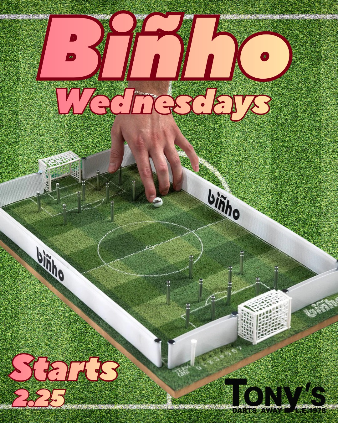 ⚽️ Biñho Wednesdays are coming to Tony’s! ⚽️
Starting Wednesday, February 25th at 6pm, we’re turning midweek into match day.
Join us for @binhoboard games, the fast paced tabletop soccer game that’s part skill, part chaos, and fully perfect with a pint in hand. Whether you’re a seasoned striker or just here for beers and vibes, everyone’s welcome to play.
🍻 Casual play
⚽️ Friendly competition
🏆 Bragging rights forever
Grab your crew, sign up for a game, and kick off your new Wednesday tradition at Tony’s.
#BinhoWednesdays #TonysDartsAway #GameNight #BurbankBars #MidweekFun #TabletopSoccer #DrinkLocalPlayLocal