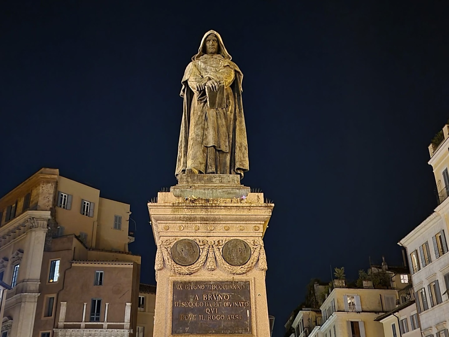 February 17 (1600) - Death of Giordano Bruno.
Giordano Bruno was an Italian philosopher, astronomer, mathematician, and occultist who rejected geocentrism and even went beyond heliocentrism to theorize an infinite universe and multiplicity of worlds. Bruno was arrested and tried in the Venetian Inquisition in 1592 then extradited to the Roman Inquisition in 1593. During the 7-year trial he attempted to demonstrate that his views were not incompatible with the Christian conception of God and creation, but the inquisitors rejected his arguments and pressed for a formal retraction. Bruno declared that he had nothing to retract and that he did not even know what he was expected to retract. The Roman Pope ordered that he be sentenced as an impenitent and pertinacious heretic.
On this day in 1600 he was taken to the Campo de’ Fiori, his tongue in a gag, and burned alive. This statue was erected there.
“There is one simple Divinity found in all things, one fecund Nature, preserving mother of the universe insofar as she diversely communicates herself, casts her light into diverse subjects, and assumes various names.”
“Just as Divinity descends in a certain manner, to the extent that one communicates with Nature, so one ascends to Divinity through Nature, just as by means of a life resplendent in natural things one rises to the life that presides over them.”
“Cause, Principle, and One eternal
From whom being, life, and movement are suspended,
And which extends itself in length, breadth, and depth,
To whatever is in Heaven, on Earth, and Hell;
With sense, with reason, with mind, I discern,
That there is no act, measure, nor calculation, which can comprehend
That force, that vastness and that number,
Which exceeds whatever is inferior, middle, and highest;
Blind error, avaricious time, adverse fortune,
Deaf envy, vile madness, jealous iniquity,
Crude heart, perverse spirit, insane audacity,
Will not be sufficient to obscure the air for me,
Will not place the veil before my eyes,
Will never bring it about that I shall not
Contemplate my beautiful Sun.”
(De la Causa, Principio e Uno; 1584)