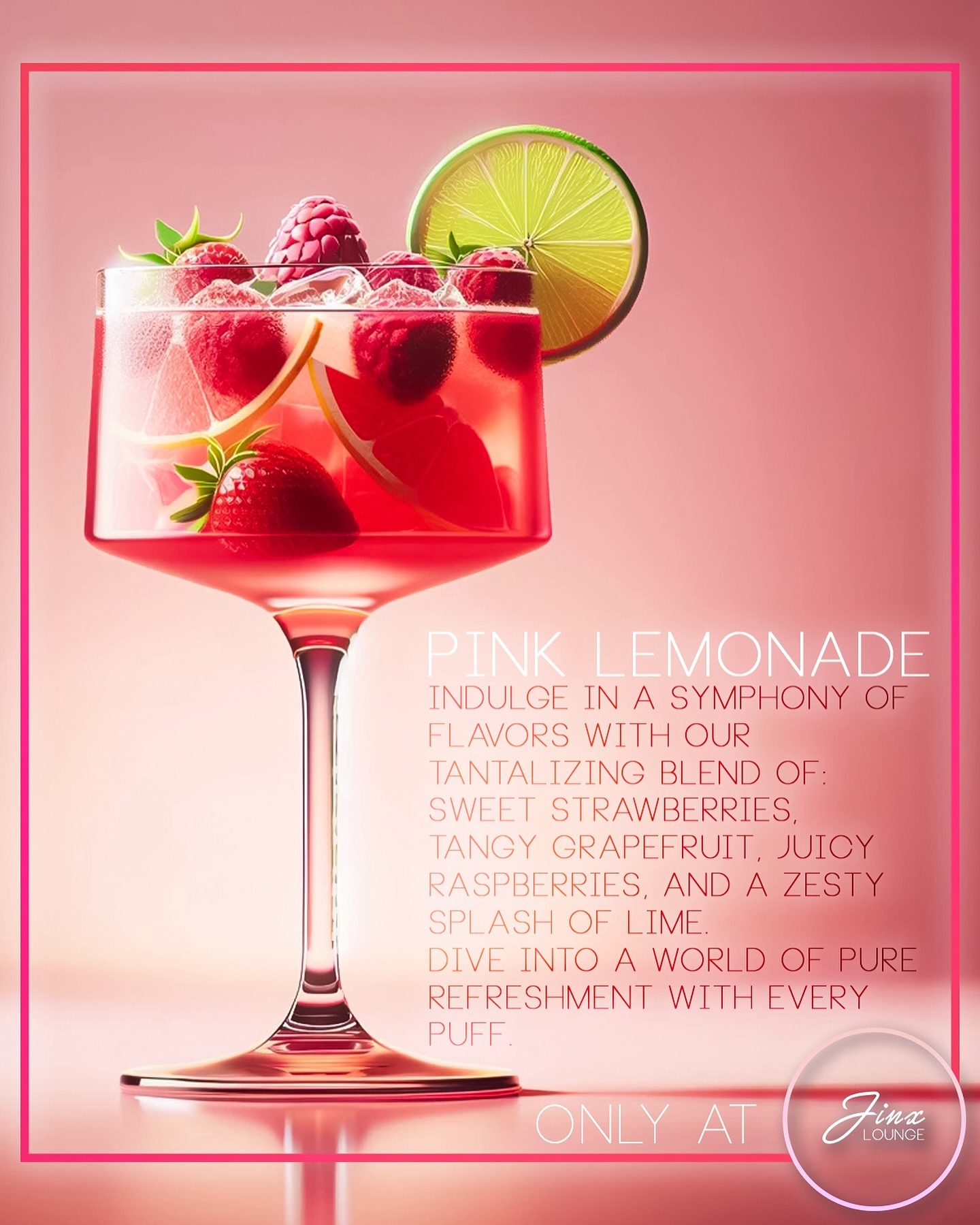 Say hello to: Pink Lemonade 🍹
A coveted mix off our Modern Menu, a tantalizing blend of:
Sweet strawberries, tangy grapefruit, juicy raspberries, and a zesty splash of lime.
Dive into a world of pure refreshment with every puff.
Come in and see why try it out for yourself ✨
#jinx #jinxlounge #mixologist #fruitfusionfun #sweetandtangy #loungefavorites #toronto