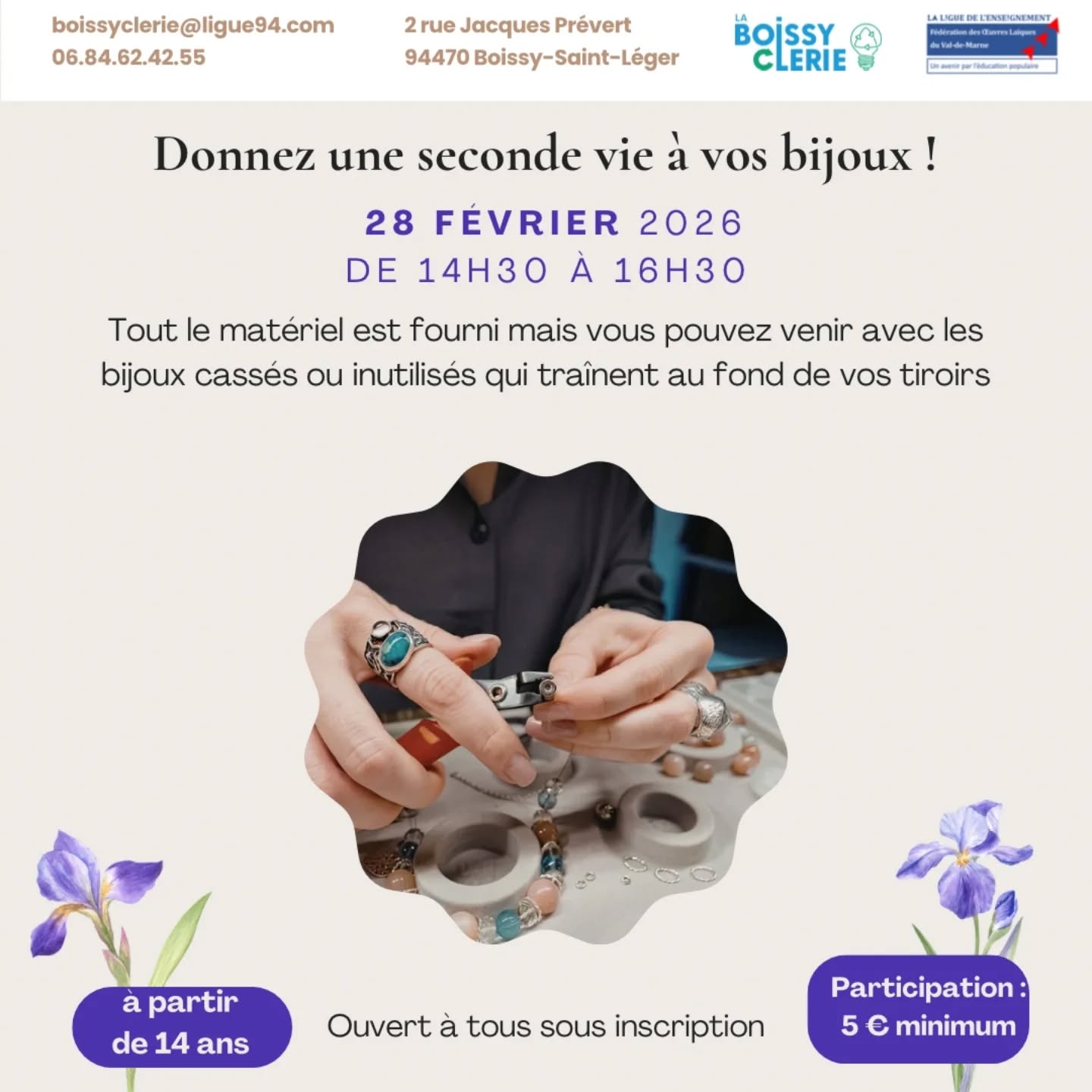 Rejoignez-nous pour un atelier créatif autour de la transformation et du recyclage de bijoux ! ♻️ Venez partager un moment convivial et repartez avec vos propres créations ✨
Le matériel est fourni et inclus dans le prix de l'atelier mais vous pouvez ramener vos propres bijoux pour leur donner une seconde vie 💎
Une participation solidaire de 5€ minimum est demandée pour contribuer au fonctionnement de notre association 💌 Votre soutien nous permettra de continuer à proposer des ateliers accessibles à tous et à toutes !
Vous pouvez dès à présent vous inscrire par mail, téléphone, message privé sur instagram ou directement sur place 🎀
Attention : cet atelier n'est pas ouvert aux enfants de moins de 14 ans. Merci pour votre compréhension !