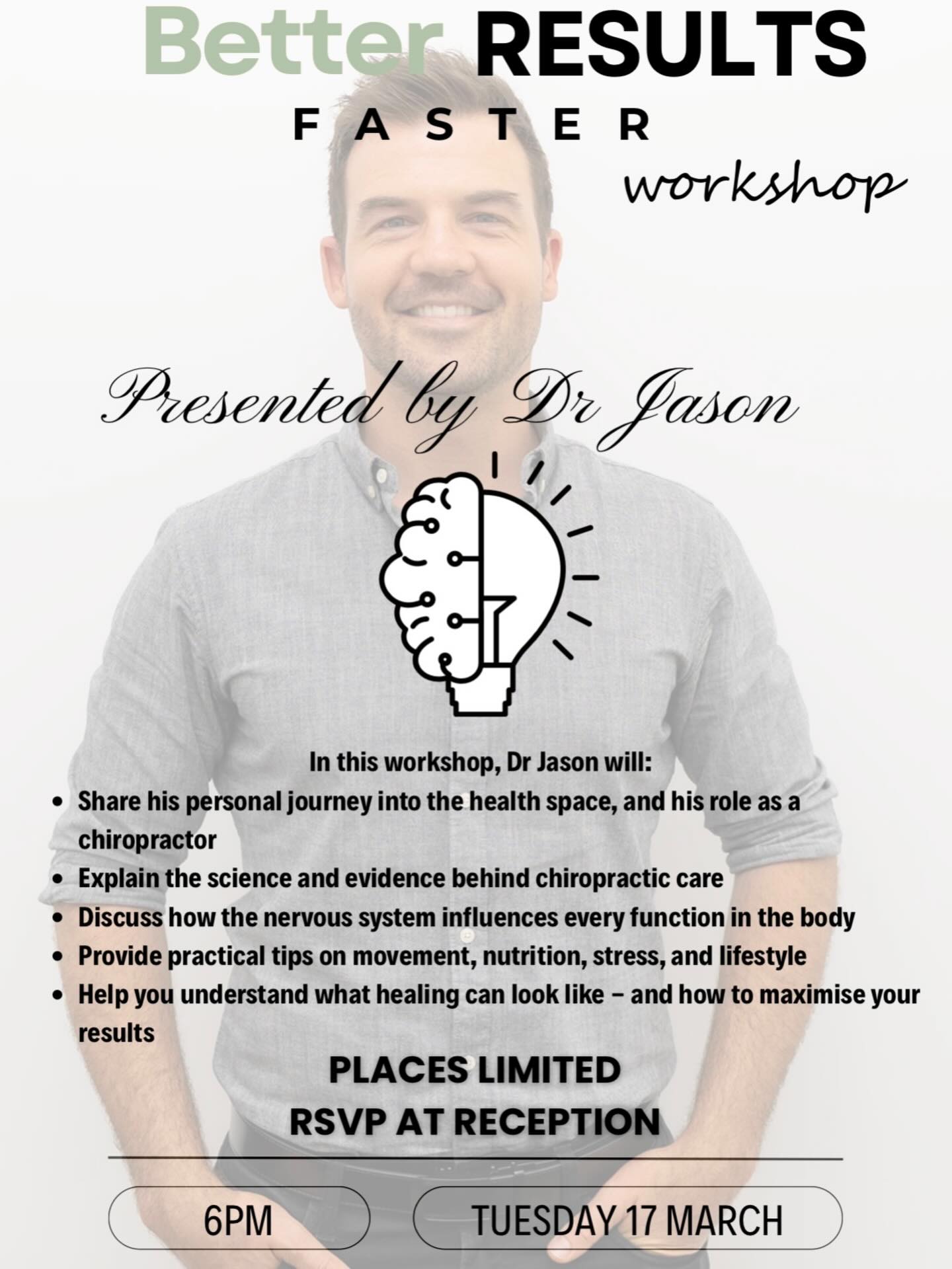 Better Results Faster Workshop
🗓 Wednesday 17th March, 6-7pm with Dr Jason Sparks
📍 Adjust to Life Chiropractic Clinic
🎟 FREE | RSVP Essential
Our Better Results Faster Workshop is a foundational session designed to help you understand how chiropractic care works, why the nervous system matters, and how to actively support your healing.
This workshop is SO valuable for patients wanting a deeper understanding of their care. Light refreshments will be provided, and with limited spots available , guests will go into the draw to win a 100% Premium Foam pillow (valued at over $100!).
RSVP now before spots are taken!
📧: beerwah@adjusttolife.com.au
📞: 5494 0499
