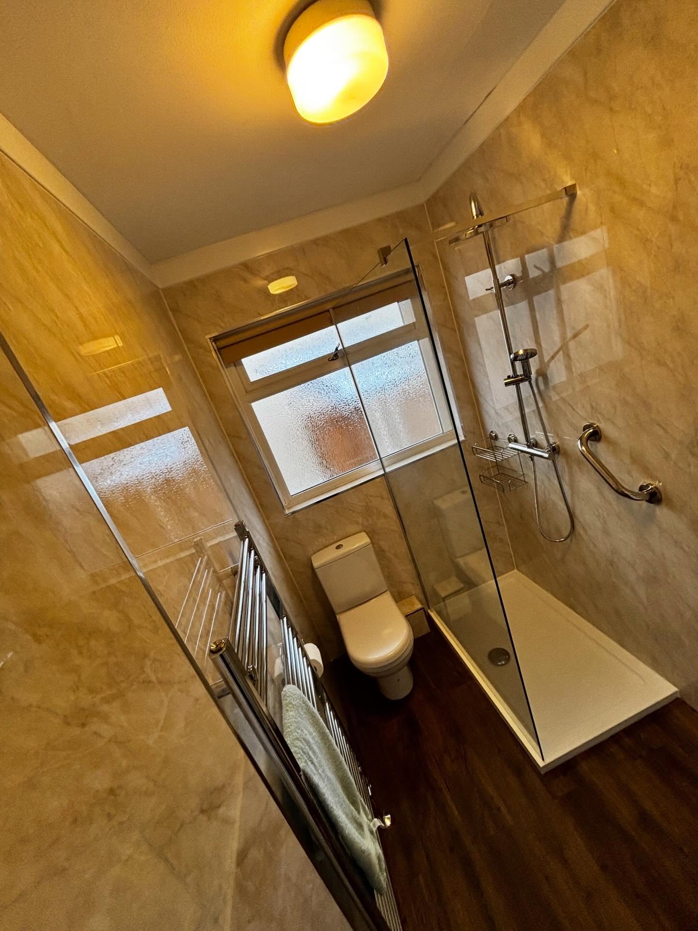 New complete bathroom, removal of bath to install shower tray and wall paneling complete bathroom